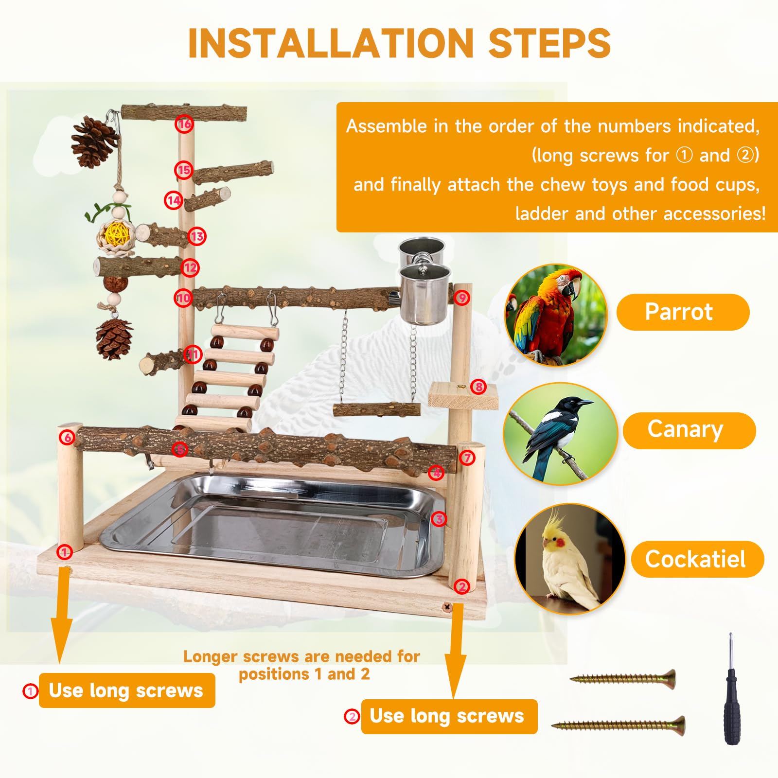 Natural Parrot Playground with Chew Toys, Perch Stand & Swing - Bird Cage Play Stand for Conure, Cockatiel, Parakeet | Includes Feeder Cups - Perfect for Bird Exercise & Entertainment at Home