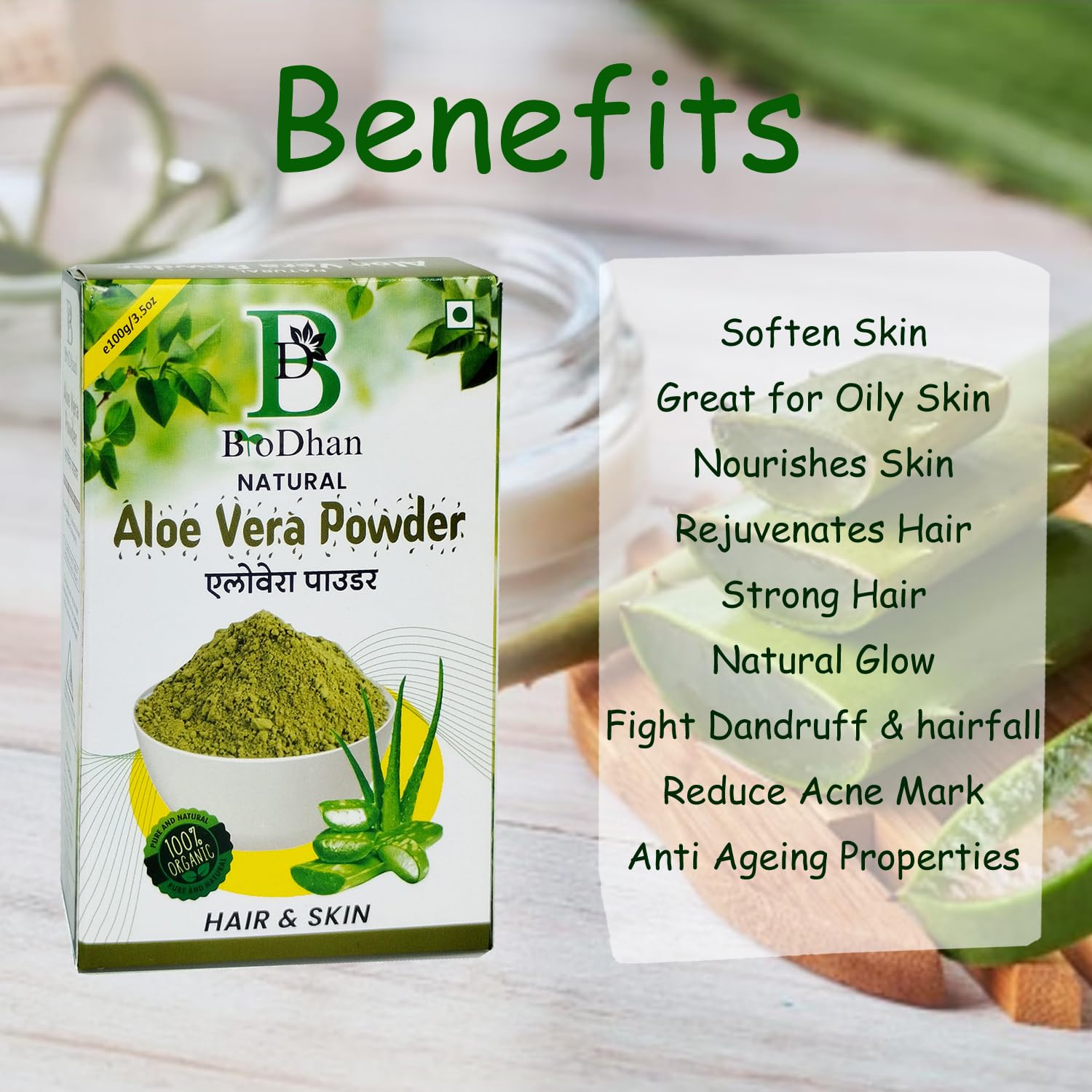 Organic Aloe Vera Powder for Face, Skin & Hair Care - BioDhan Ayurveda Pure Aloe Powder | Natural Skin Hydration, Hair Growth & Soothing Facial Mask Ingredient