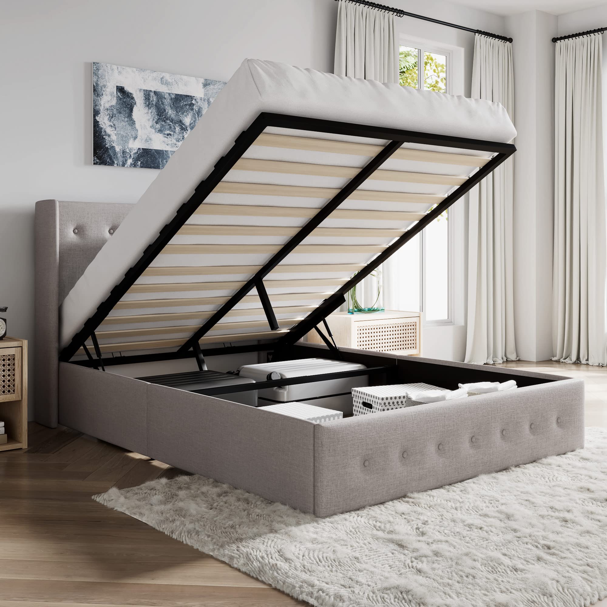 Queen Size Lift Up Storage Bed with Button Tufted Wingback Headboard - Hydraulic Storage Platform Bed Frame, No Box Spring Needed, Wood Slats Support in Light Beige | Perfect for Small Space Bedrooms, Guest Rooms & Modern Apartments