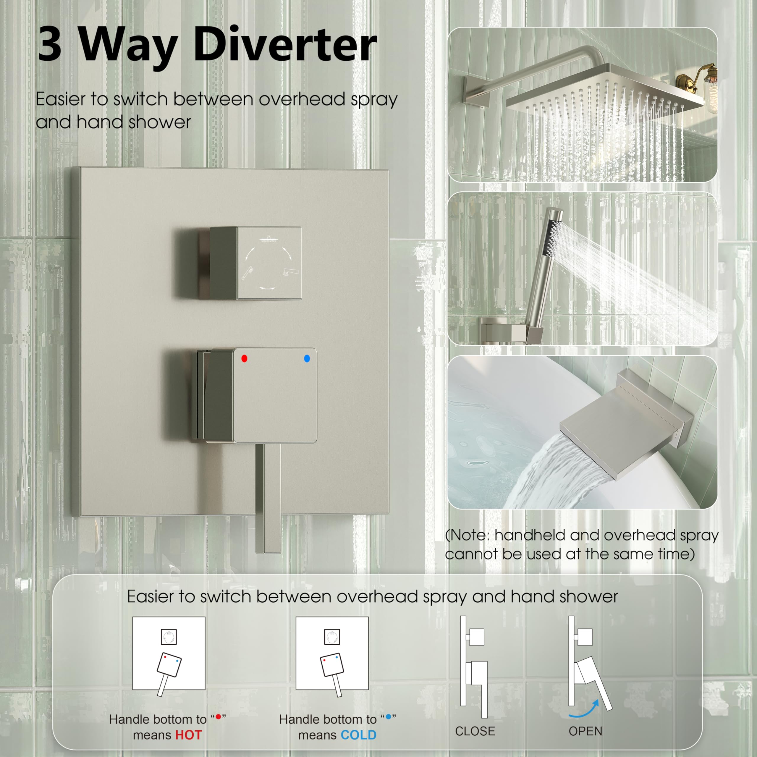 Esnbia 10 Inch Rain Shower Head and Handheld Shower Combo - Wall Mounted Bathtub Shower Faucet System with Tub Spout - High Pressure Shower Kit with Durable Brushed Nickel Finish - Perfect for Modern Bathrooms and Spa-Like Shower Experience