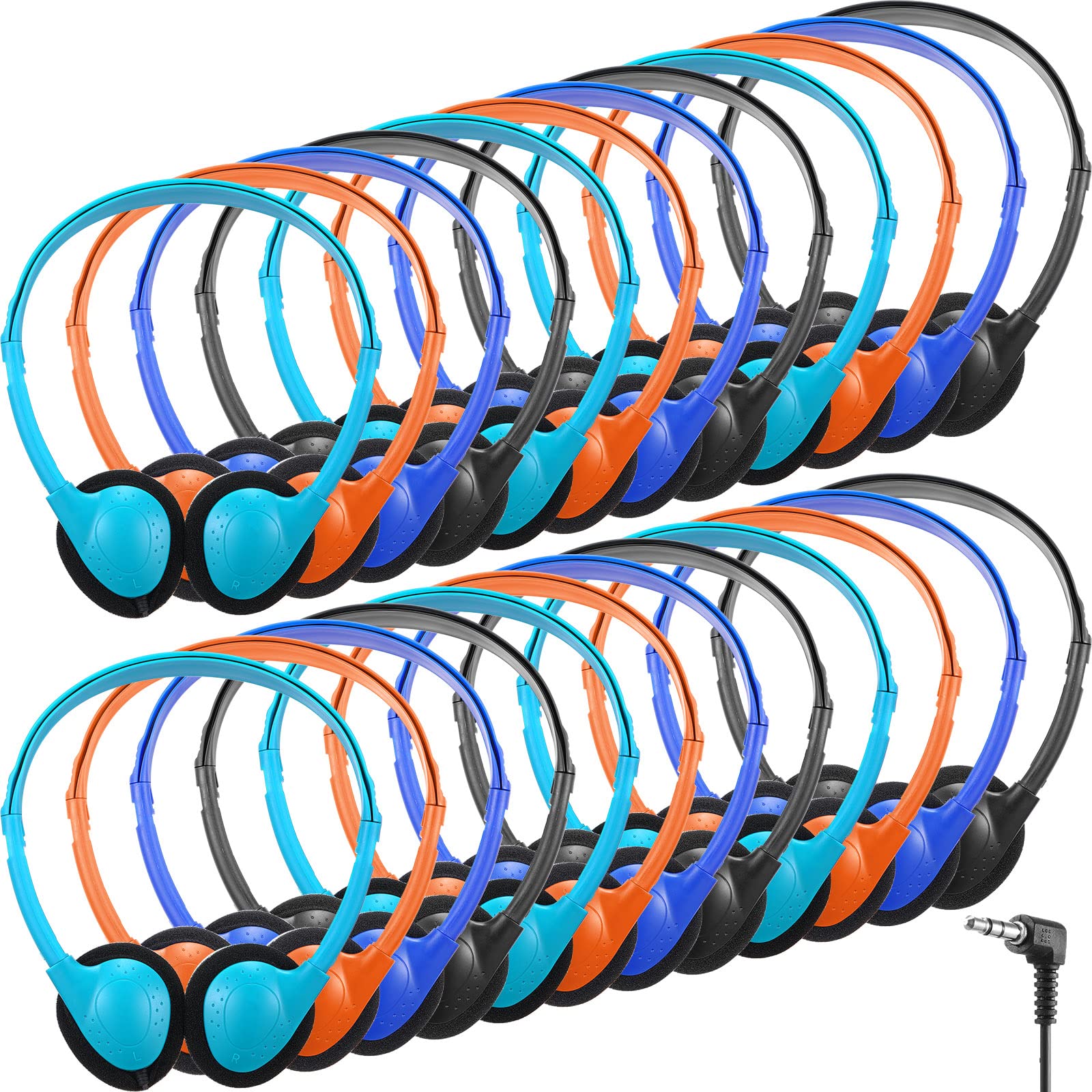 32 Pack Bulk Headphones for School & Classroom - Adjustable Wired Headsets with 3.5mm Jack (Light Blue, Orange, Blue, Black) - Perfect for Students, Teachers & Office Use
