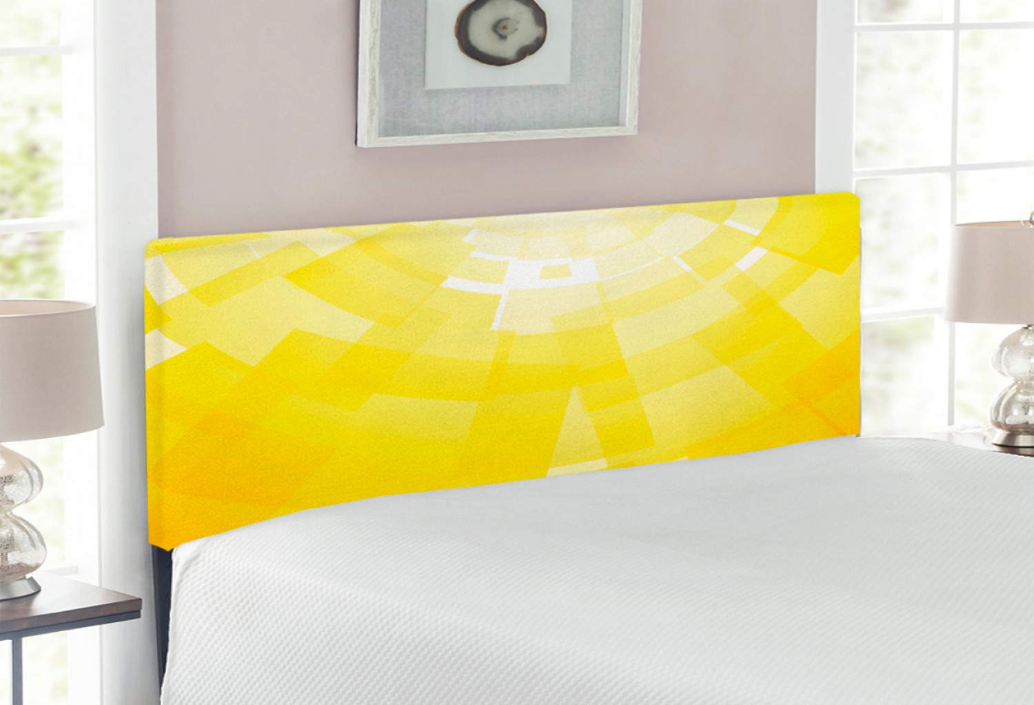 Ambesonne Yellow Upholstered Headboard - Modern Circular Mosaic Design with Memory Foam - Full Size Metal Bed Frame - Perfect for Contemporary Bedroom Decor & Guest Room Styling
