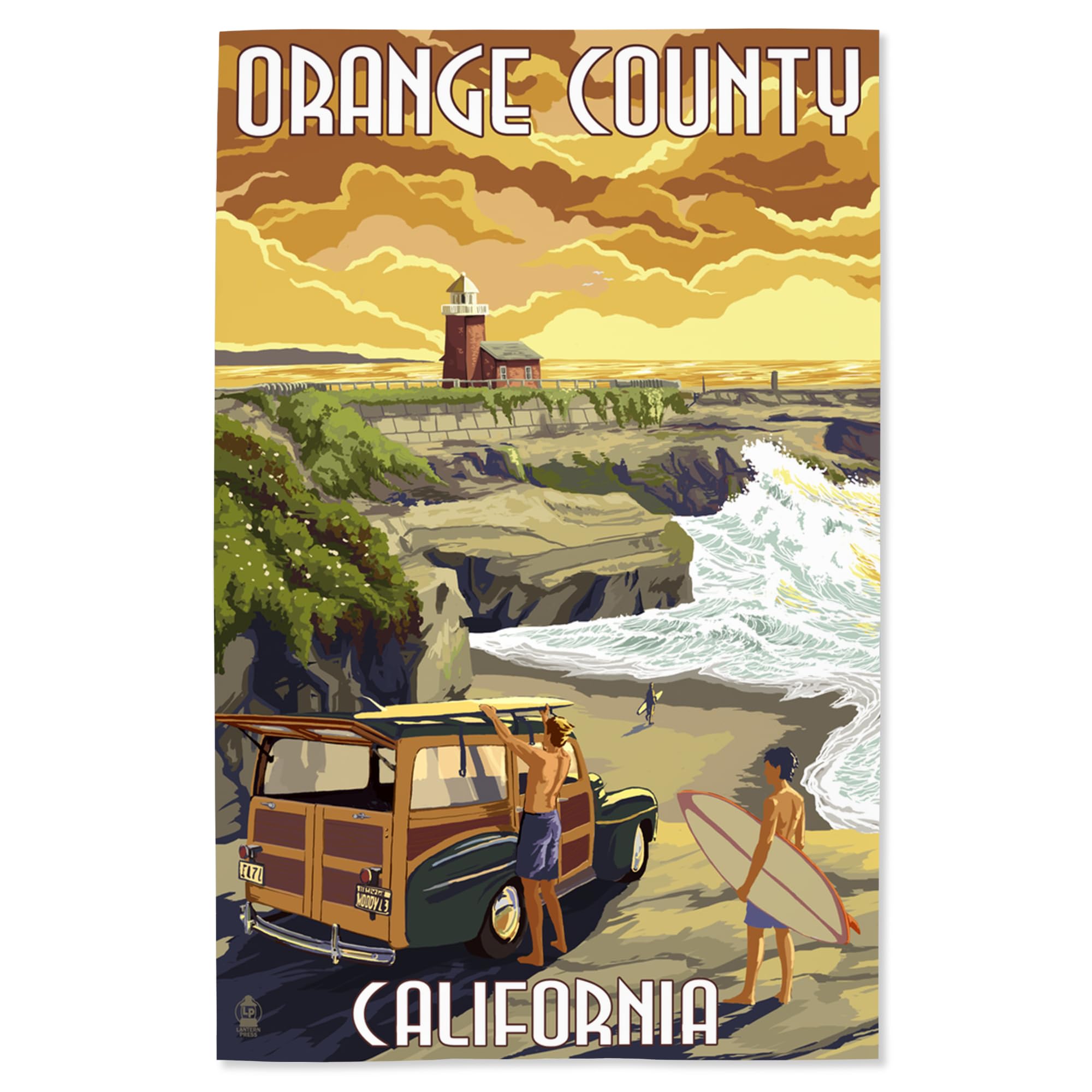 Lantern Press 16x24 Inch Giclee Art Print - Orange County California Landscape with Woody and Lighthouse - Coastal Wall Decor for Living Room, Bedroom or Office