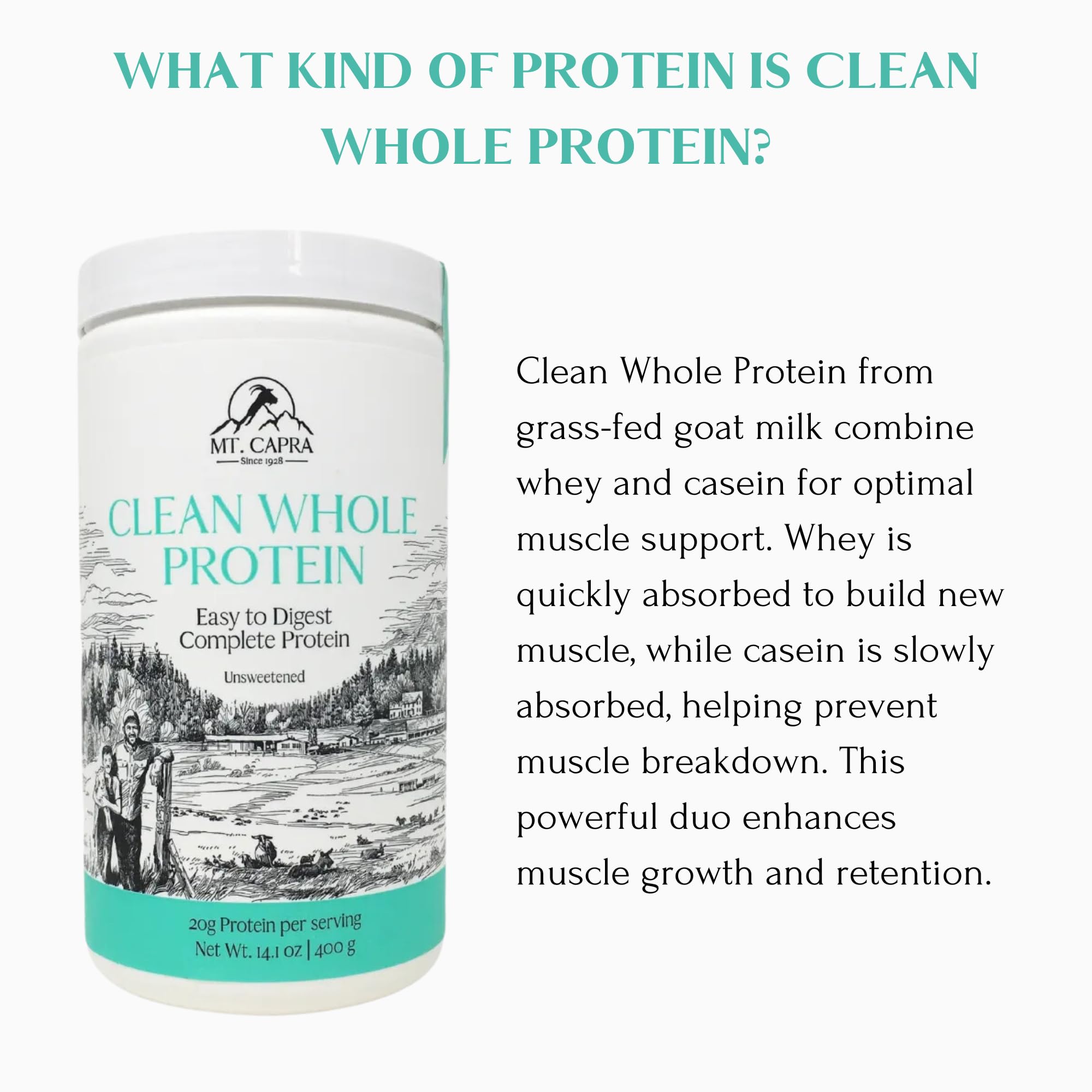 Mt. Capra Clean Whole Protein Powder | Grass-Fed Goat Whey & Casein Protein for Muscle Growth | 20g Protein per Serving, No Sweeteners, Easy Digestion | 13 Servings (400g) - Ideal for Post-Workout Recovery & Healthy Lifestyle