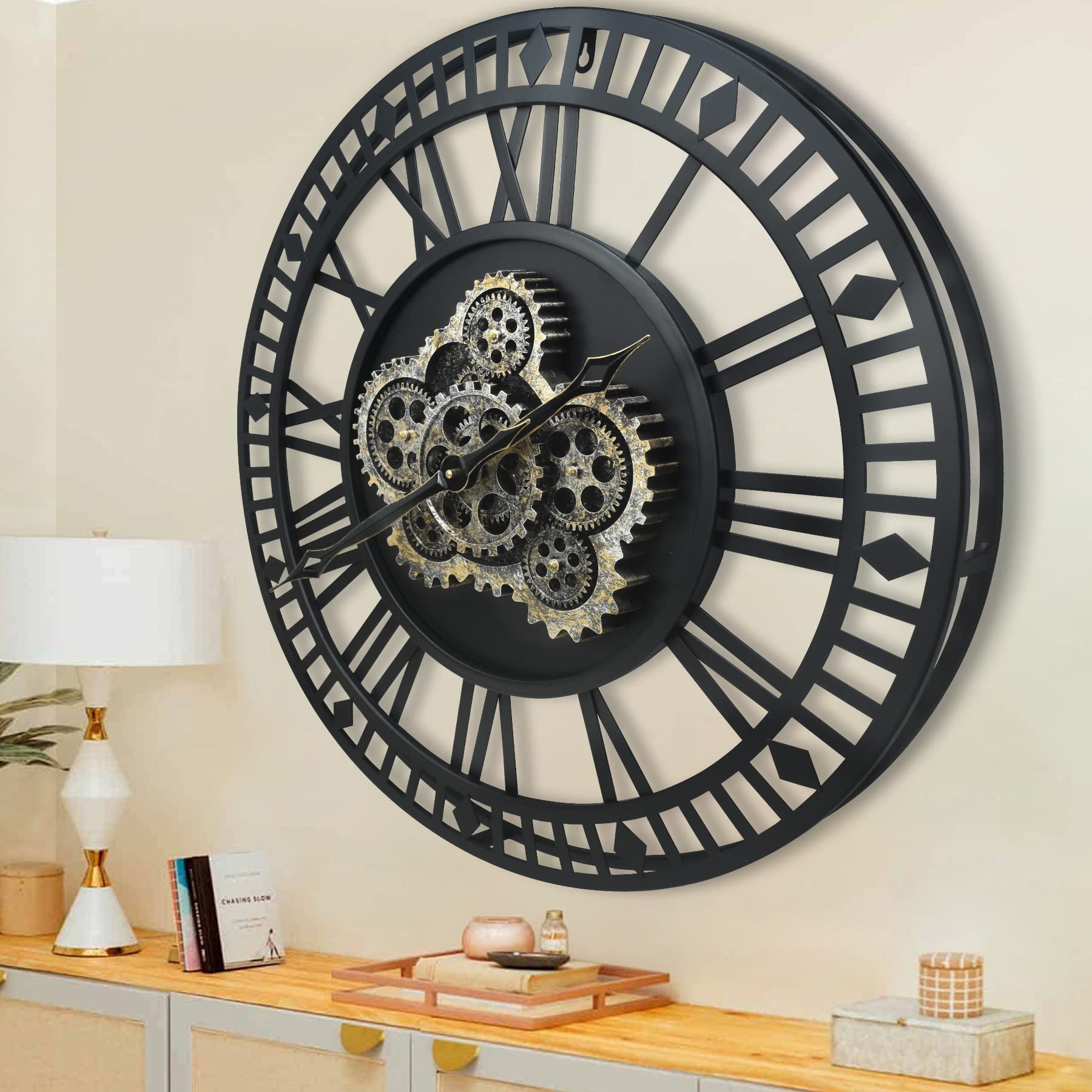 Large 24 Inch Moving Gear Wall Clock - Vintage Industrial Rustic Metal Clock for Living Room, Farmhouse & Kitchen Decor - Perfect for Home, Office & Cafe (Black)