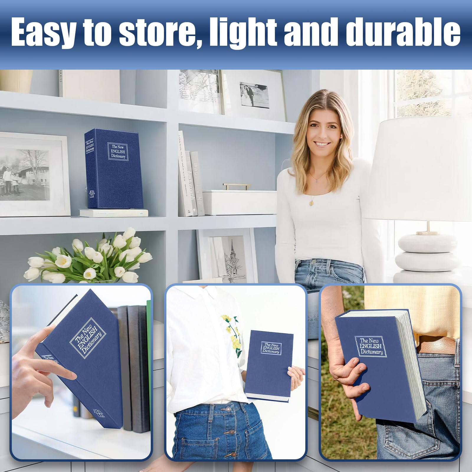 Hidden Book Safe Box - Security Storage for Jewelry, Passport, Money & Coins | Disguised Dictionary Book Safe for Home & Office | Blue Secret Storage Solution (Great for Travel, Emergency Cash, Valuables Protection)