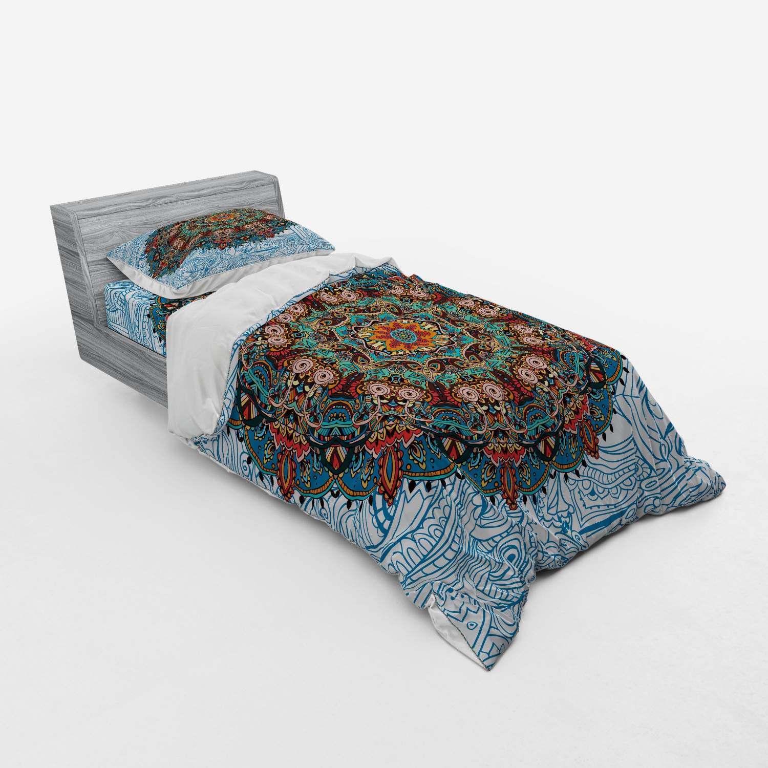 Ambesonne Mandala Duvet Cover Set - Blue & White Eastern Floral Round Ornament Design, 3-Piece Twin Size Bedding Set with Sham & Fitted Sheet | Boho Chic Bedroom Decor for Teens & Adults