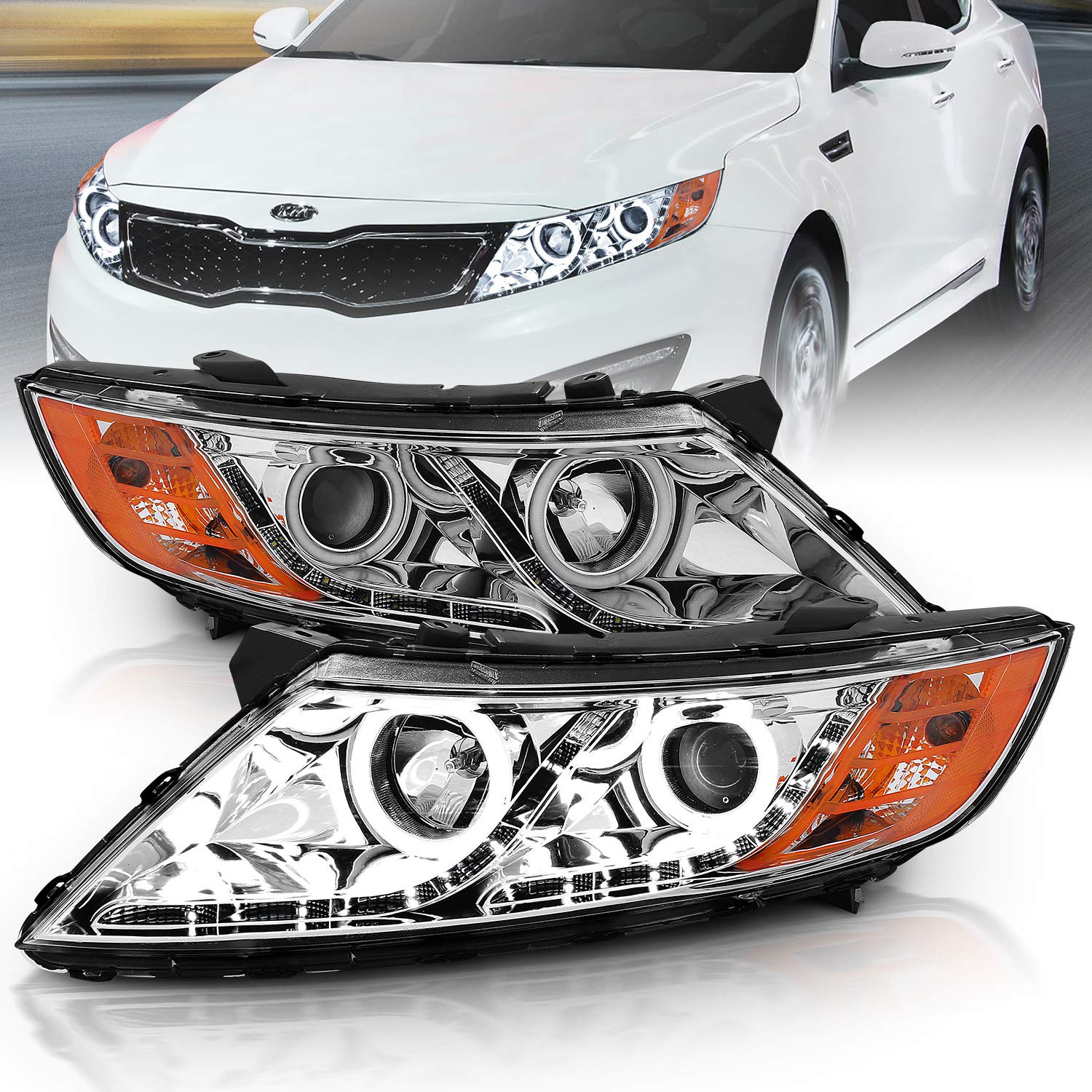 2011-2015 Kia Optima LED Halo Projector Headlights - AmeriLite Xtreme Chrome Replacement Set (Driver & Passenger Side) - Upgrade for Night Driving & Enhanced Visibility