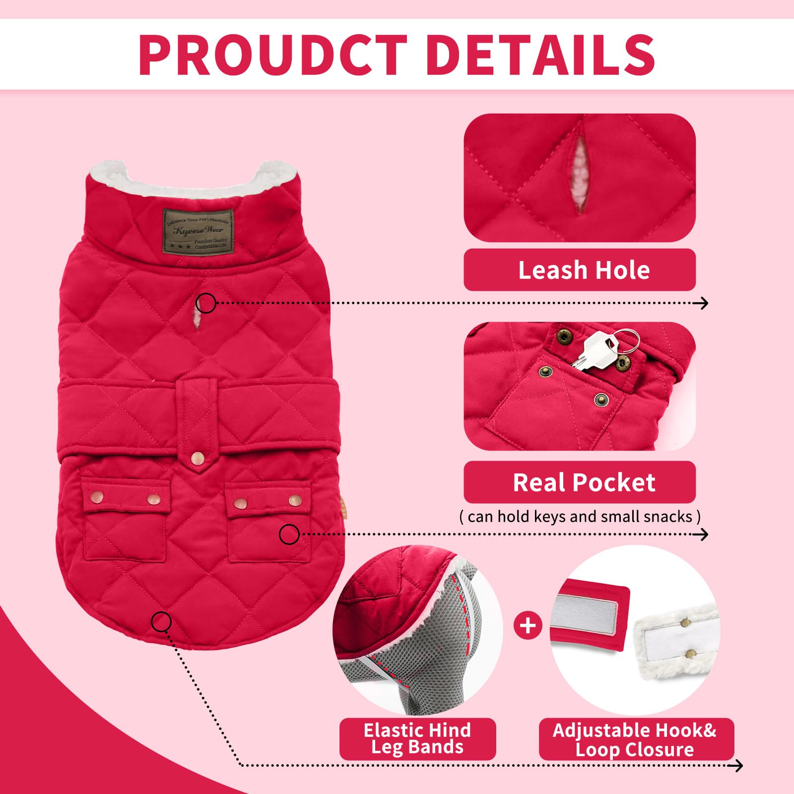 KYEESE Warm Windproof Dog Jacket with Sherpa Lining & Furry Collar - Winter Coats for Small Dogs, Red - Perfect for Cold Weather Walks & Outdoor Adventures