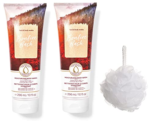 Bath & Body Works BONFIRE BASH Moisturizing Body Wash - Pack of 2 Bottles with Free Shower Sponge | Hydrating & Luxurious Shower Gel for Soft Skin - Perfect for Daily Use & Relaxing Bath Time