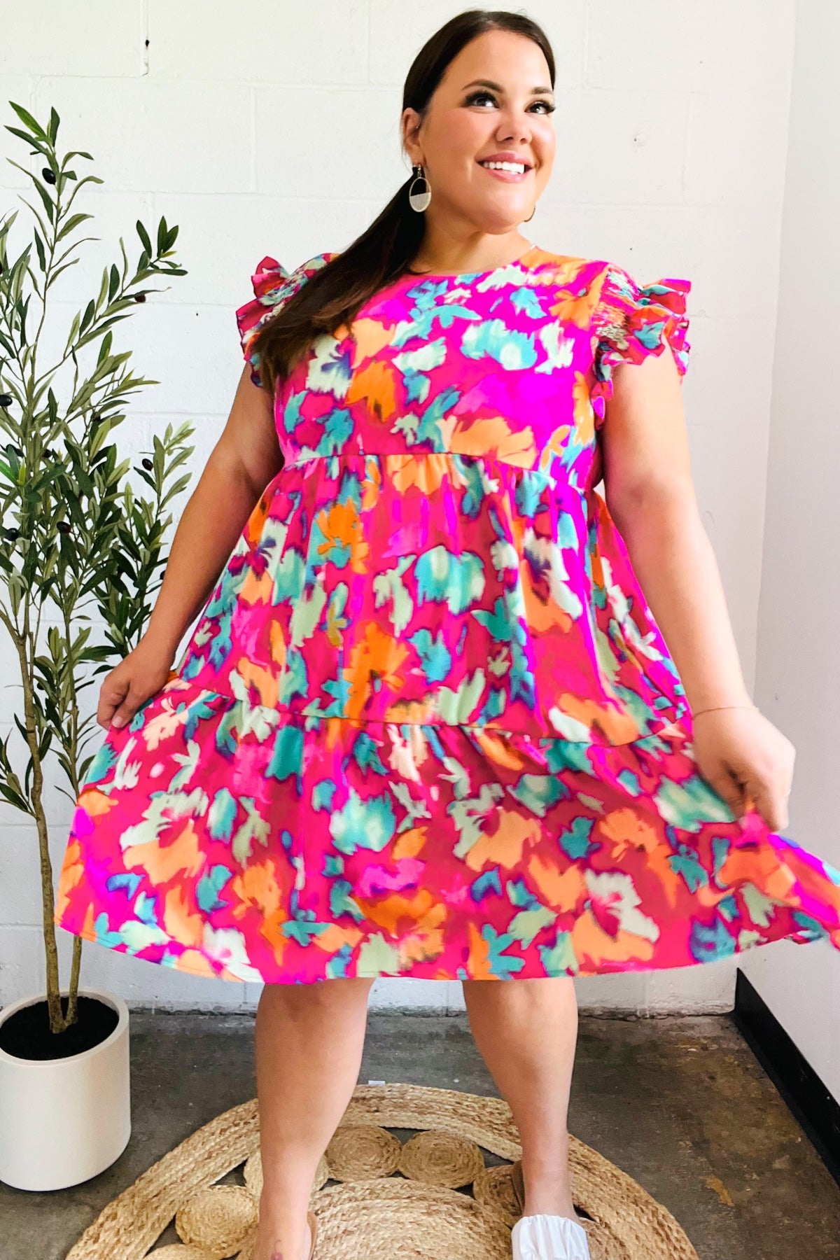 Look of Love Fuchsia Abstract Floral Print Smocked Ruffle Sleeve Dress for Women | Elegant Party & Wedding Guest Outfit