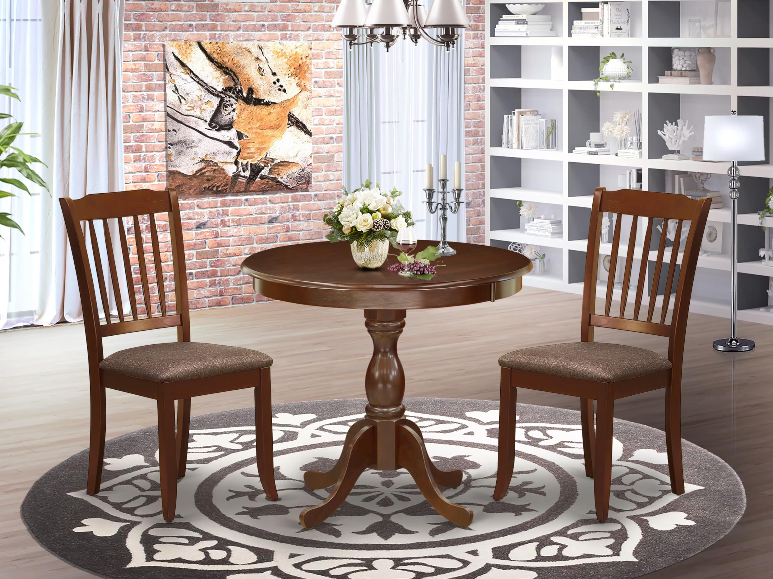 East West Furniture AMDA3-MAH-C 3-Piece Round Kitchen Dining Set with Pedestal Table & 2 Upholstered Chairs, 36x36 Inch, Mahogany - Perfect for Small Spaces, Breakfast Nooks, and Cozy Apartments