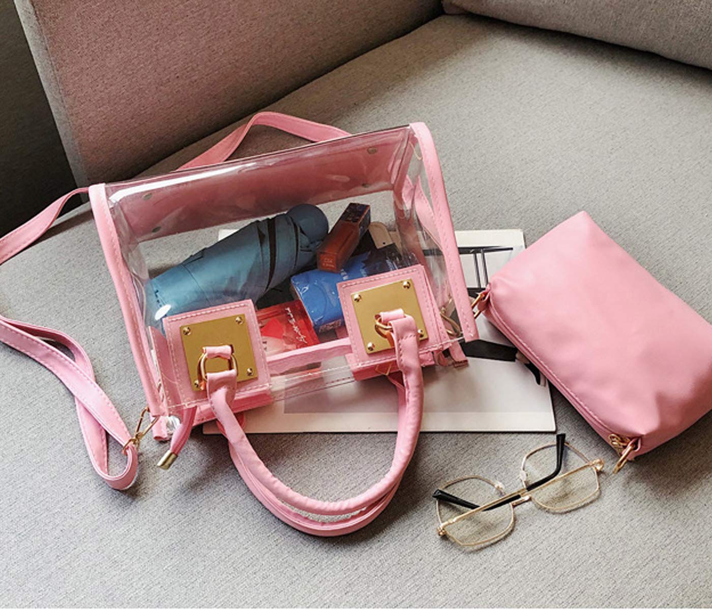 Women's 2-Piece PVC Clear Tote Bag Set - Shoulder & Handbag for Daily Use