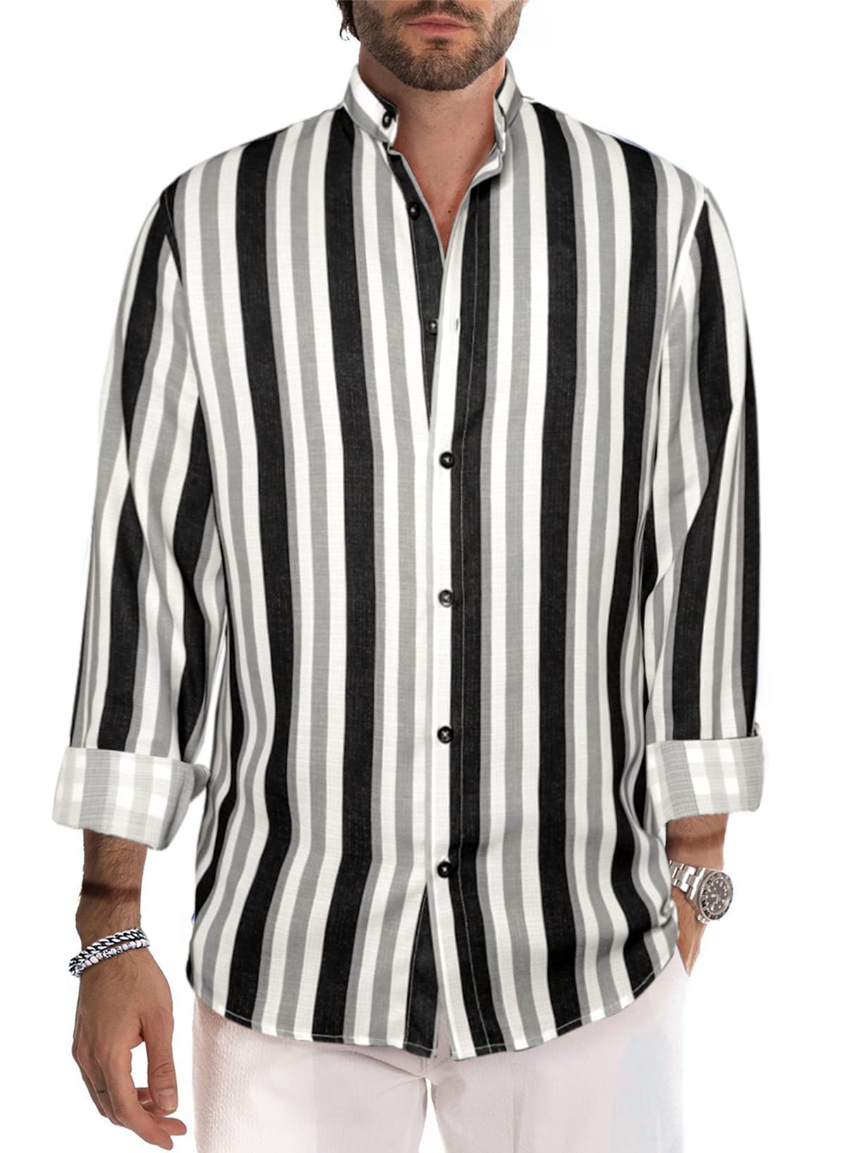 Renaowin Men's Casual Long Sleeve Button Down Shirt - 100% Cotton Striped Dress Shirt for Business & Office Wear - Comfortable Formal & Casual Wear for Work, Dating & Everyday Outfits