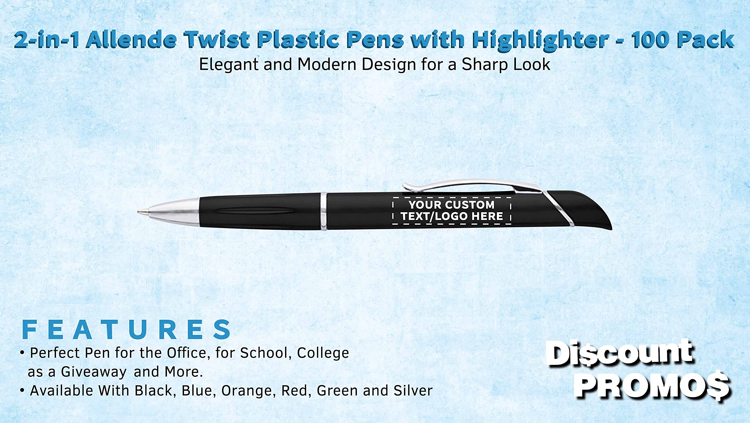 100 Pack Allende Twist Plastic Pens with Highlighter - Custom Text & Logo Printing - Durable Black Ink Ballpoint Pens for Office, School & Business Promotions - Bulk Promotional Pens for Corporate Gifts & Events