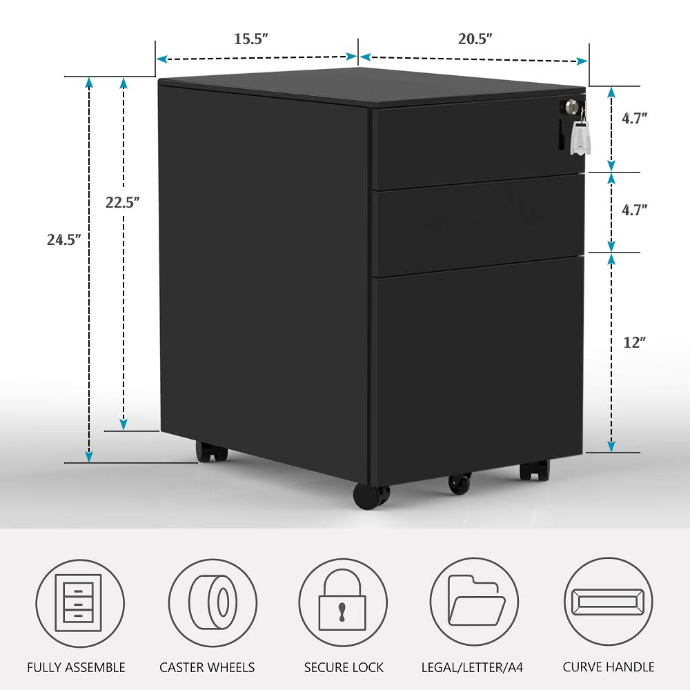 3-Drawer Mobile File Cabinet with Lock - Rolling Under Desk Storage Organizer, Fully Assembled Black File Cabinet for Office, Home & School Use