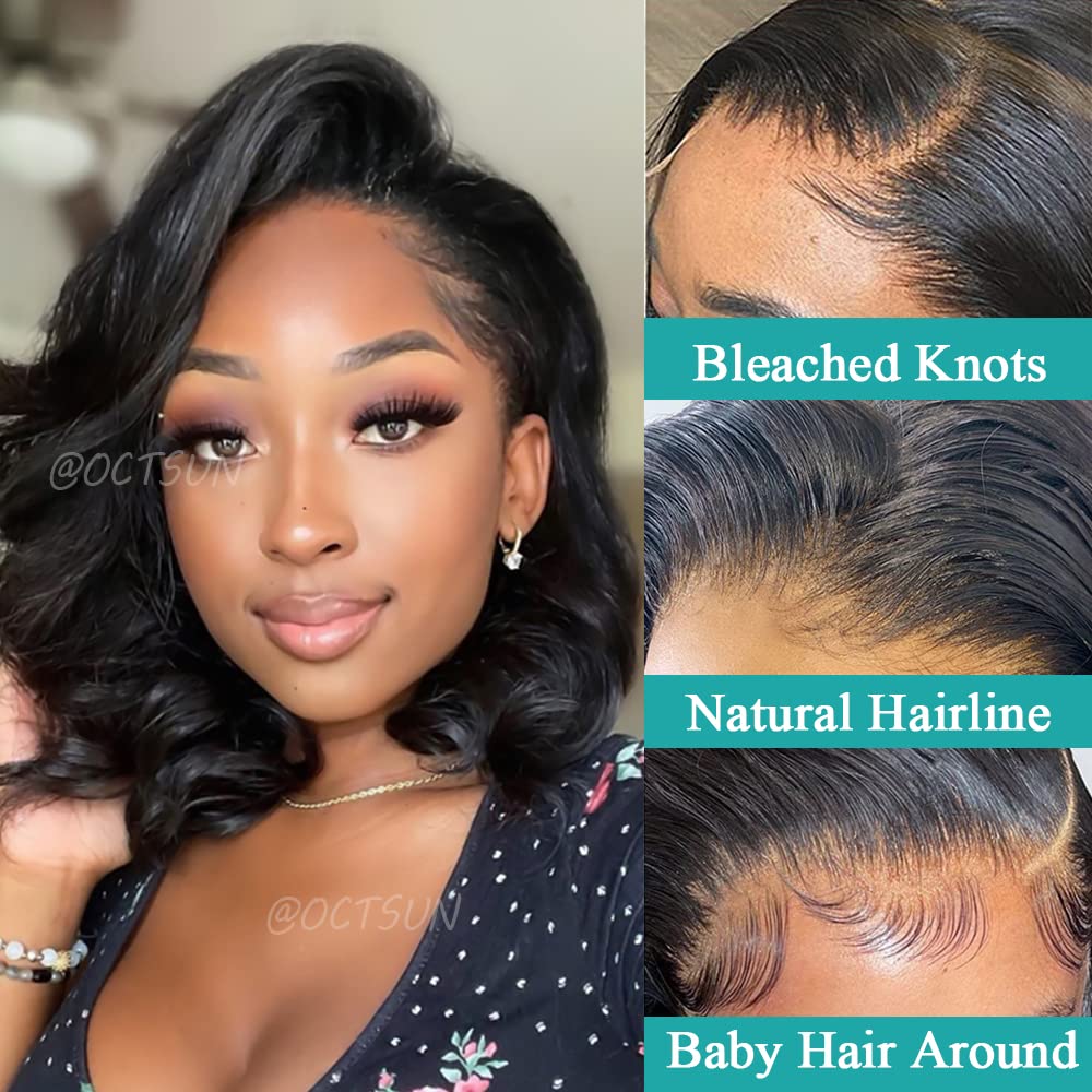 OCTSUN 13x4 Lace Front Human Hair Wigs for Black Women - Brazilian Virgin Body Wave Bob Wig with Pre-Plucked Hairline & Baby Hair | Natural Looking Short Bob Style for Daily Wear, Parties & Special Occasions
