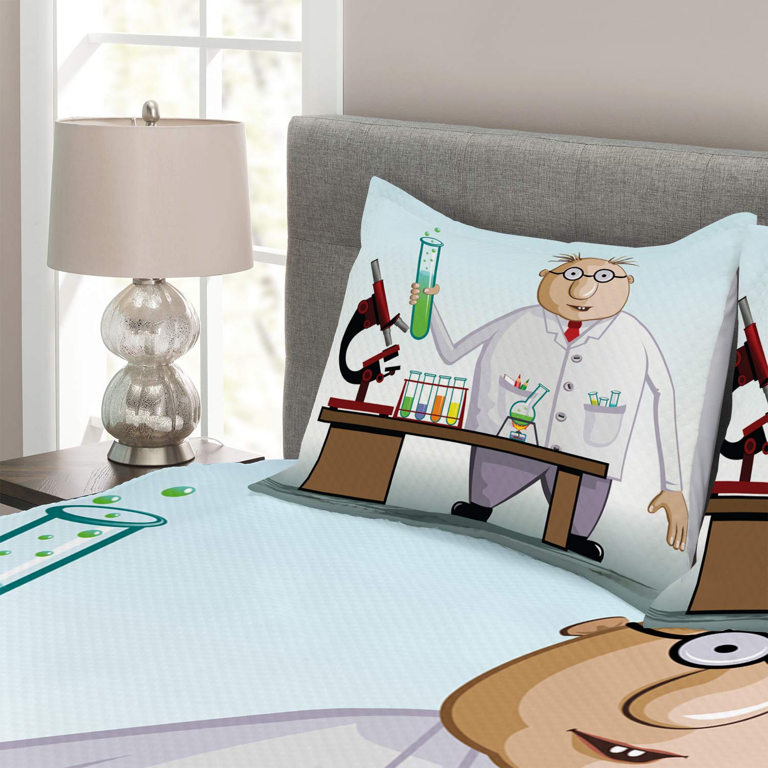 Ambesonne Science Lab Bedspread Set - 3 Piece King Size Bedding with Test Tubes, Flask & Microscope Design - Chemistry Themed Decorative Coverlet & 2 Pillow Shams - Perfect for Science Lovers, Teachers & Nerdy Home Decor