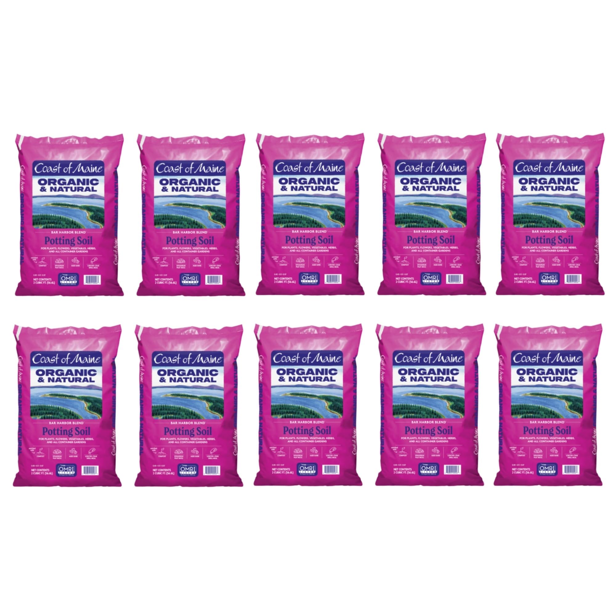 Organic & Natural Coast of Maine Bar Harbor Blend Potting Soil - 2 cu ft (Pack of 10) for Houseplants, Flowers, Vegetables & Herbs | Perfect for Indoor/Outdoor Container Gardening & Raised Beds