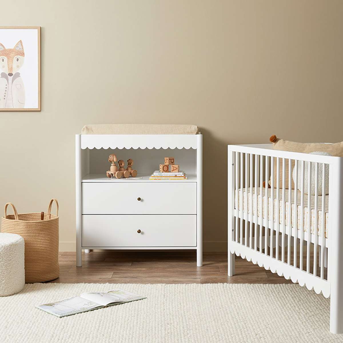 Maisie Scalloped Changing Table - Baby Nursery Dresser with Safety Straps for Diaper Changes | Perfect for Newborns & Toddlers | Nursery Organization & Storage Solution