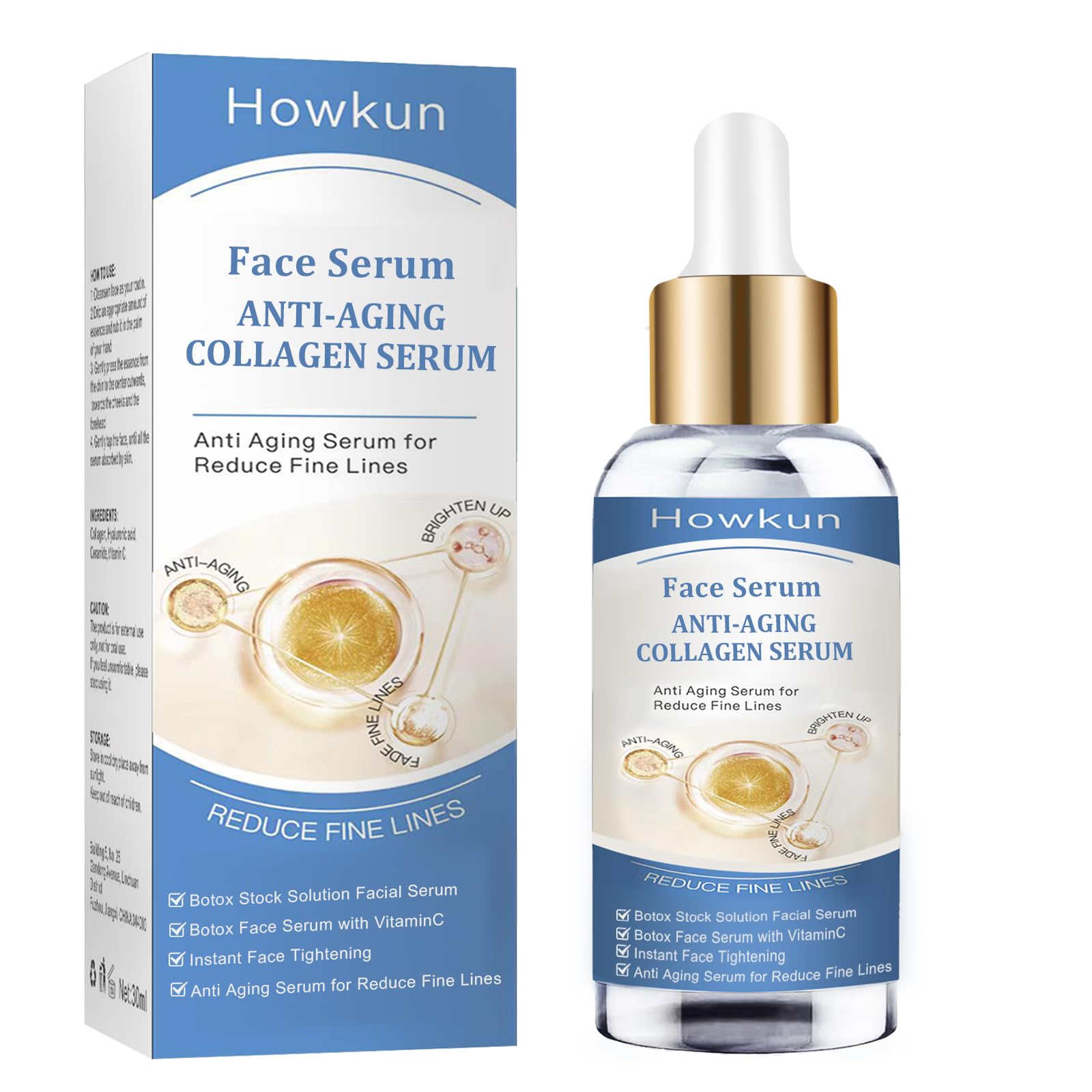 Howkun Vitamin C & E Face Serum - Anti-Aging Facial Treatment for Wrinkles, Skin Tightening & Collagen Boost | Plumping Serum for Youthful Glow | Day & Night Skincare Routine | Perfect for Dry, Mature & Dull Skin Types