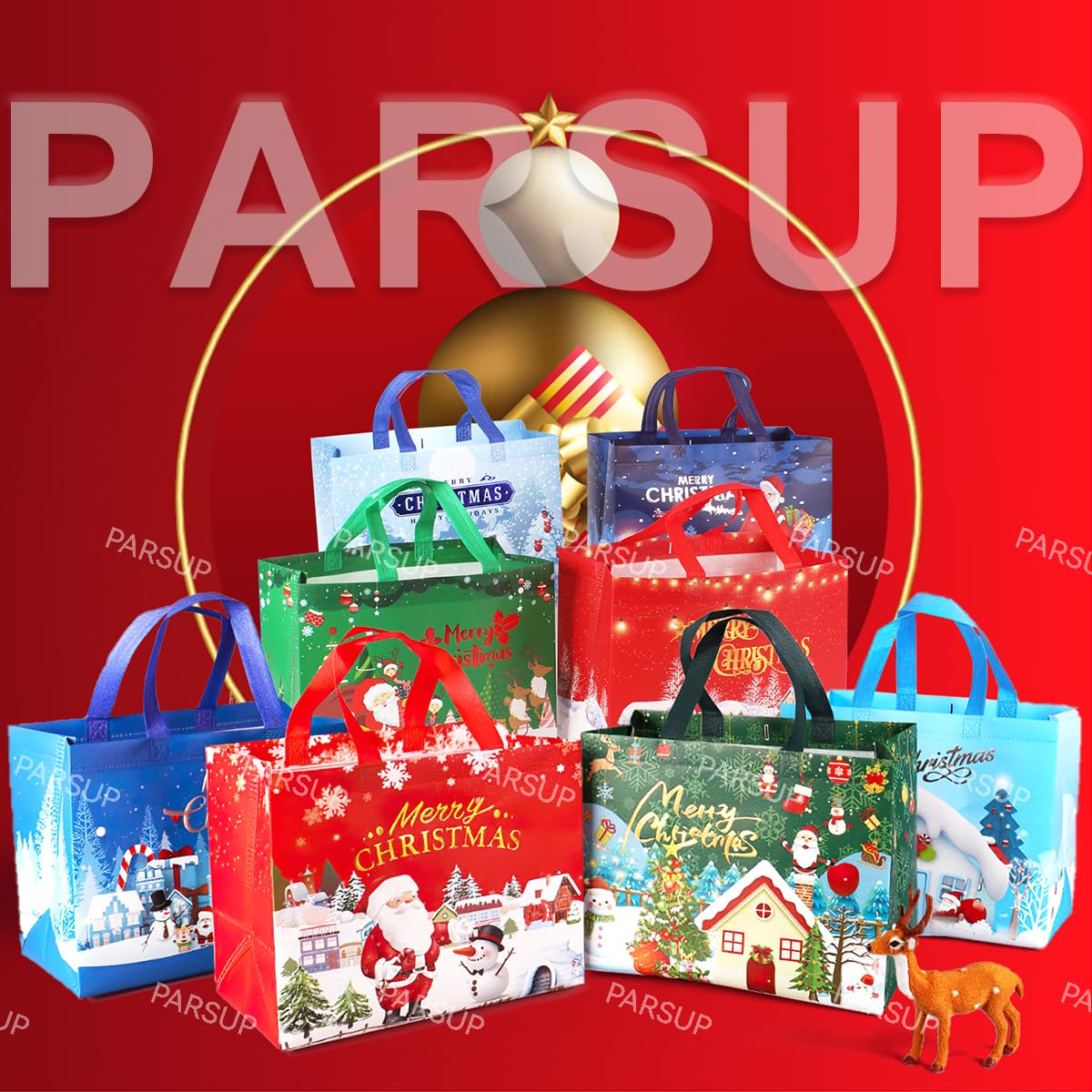 PARSUP Multifunctional Non-Woven Christmas Gift Bags with Handles - Holiday Party Favor Bags, Xmas Present Wrapping & Shopping Bags for Christmas Parties, Gift Exchanges & Holiday Decorations