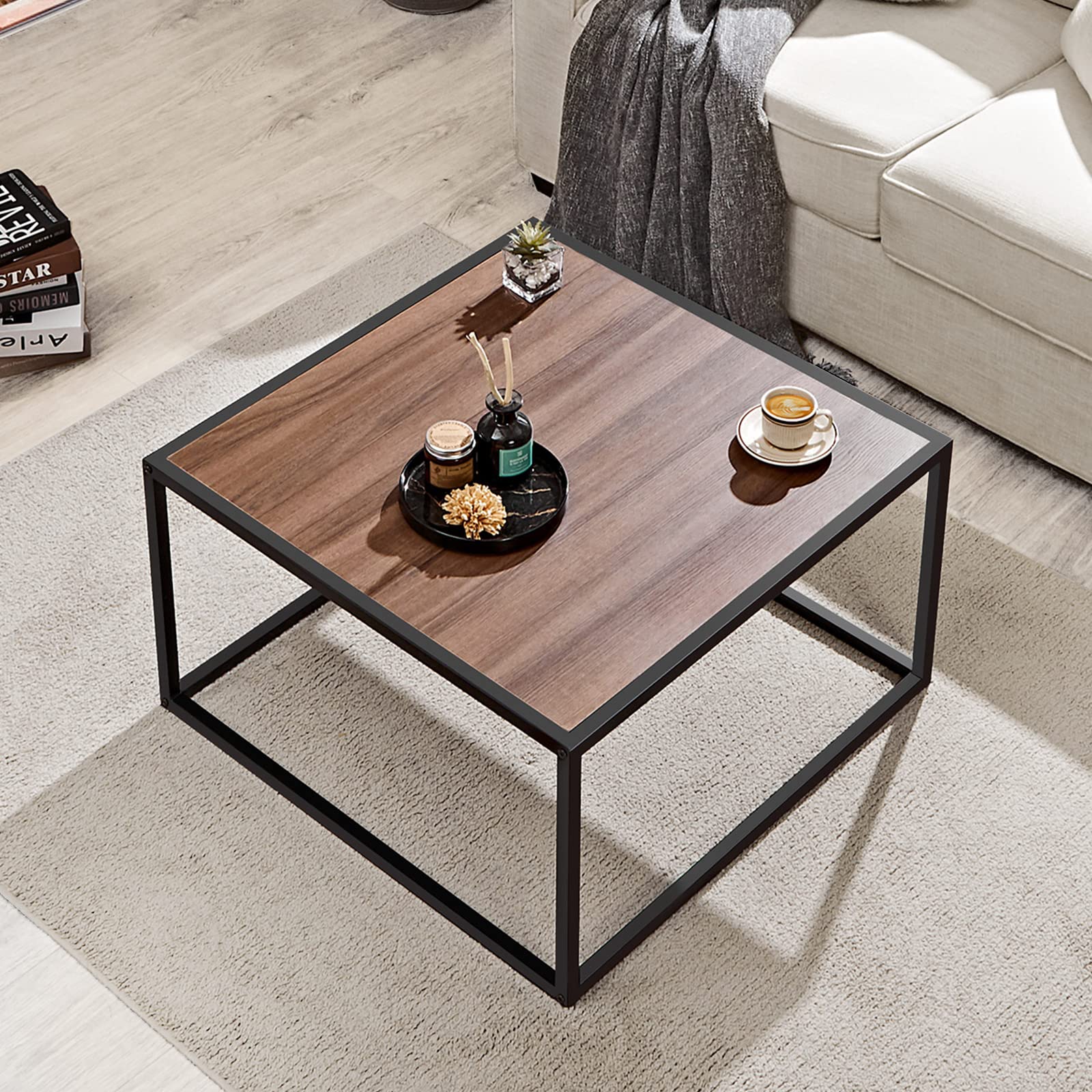 Rustic Walnut Farmhouse Coffee Table - Mid Century Modern Square Low Coffee Table for Small Spaces, Living Room & Home Office - Boho Style Center Table for Cozy Home Decor