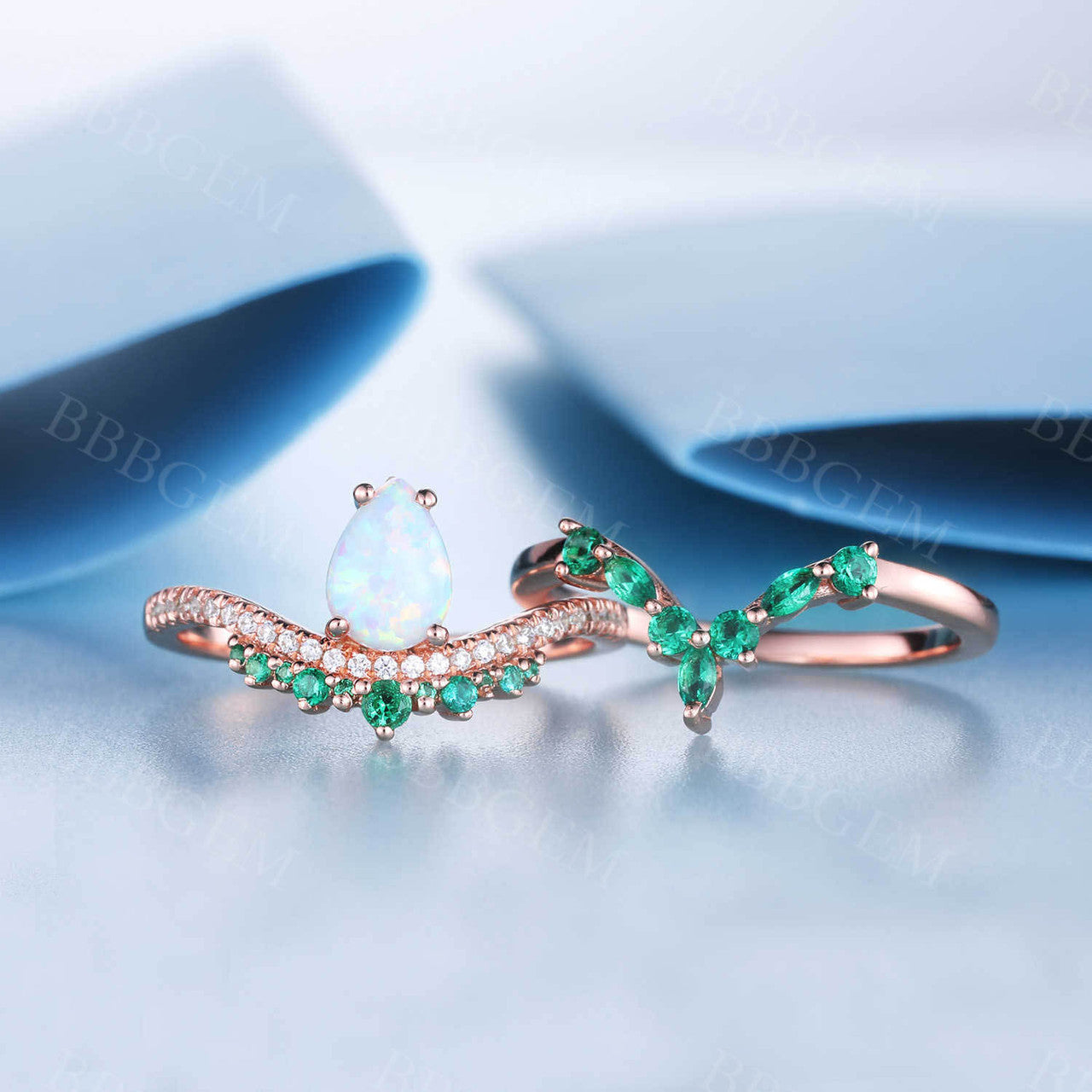 14K Rose Gold Opal Emerald Engagement Ring Set - Unique Stacking Band for Women, Perfect for Anniversaries, Weddings & Special Occasions