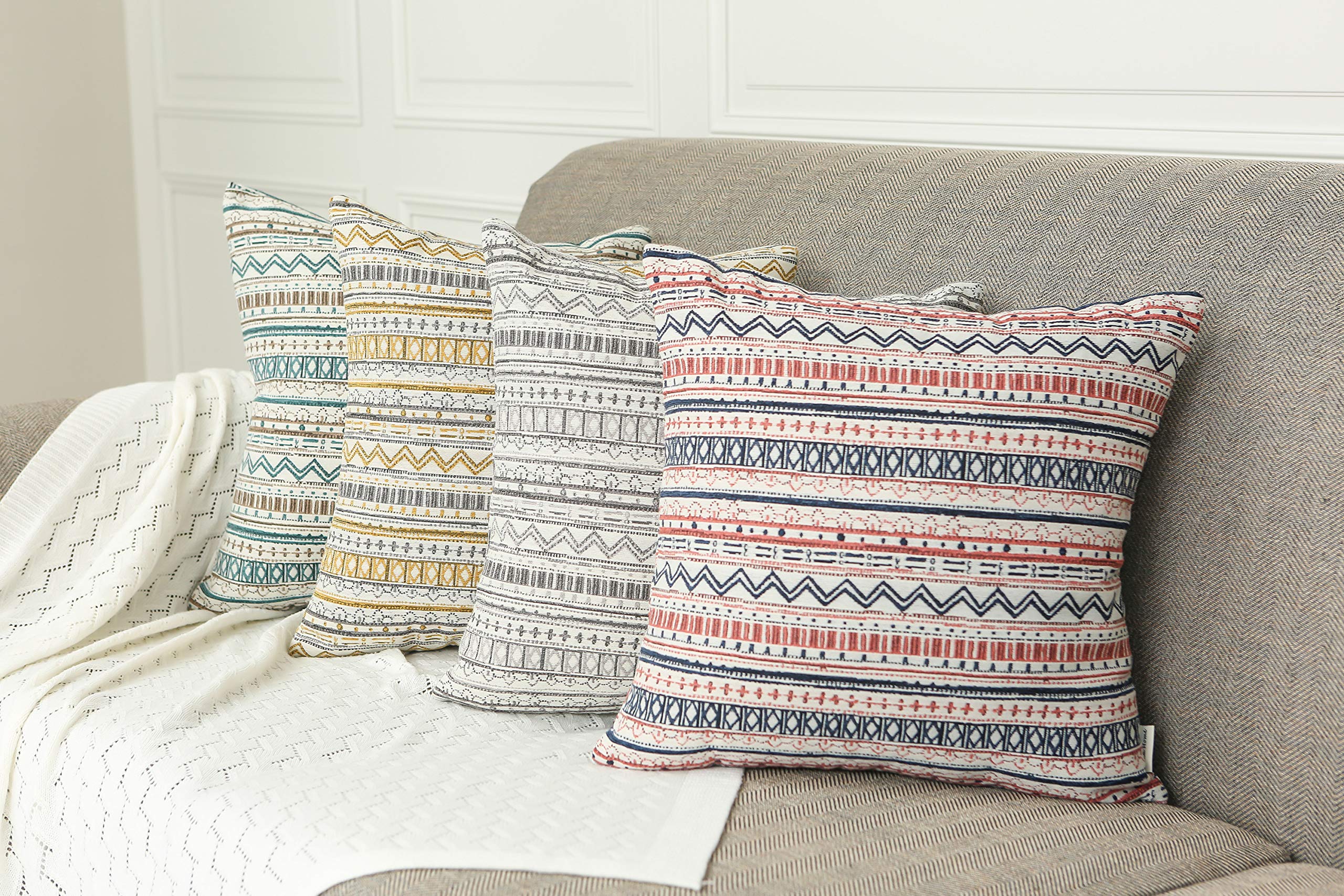 2 Pack Bohemian Striped Geometric Throw Pillow Covers 20x20 Inches - Gray & Cream Decorative Sofa Couch Bed Pillow Cases for Living Room, Bedroom & Home Decor