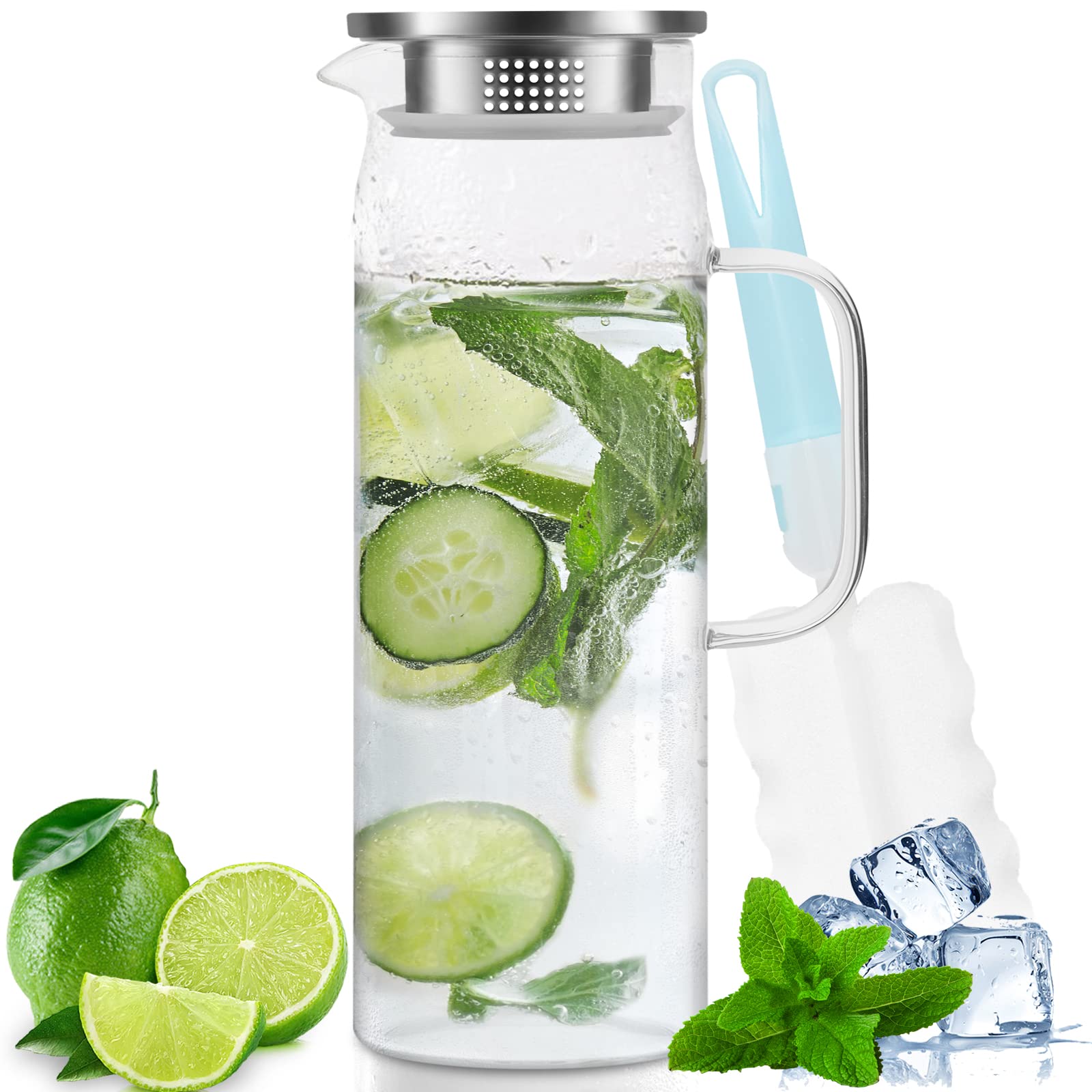 Yirilan 1.5L Borosilicate Glass Pitcher with Lid - Heat Resistant Iced Tea & Water Carafe with Handle - Perfect for Serving Beverages, Cocktails, and Lemonade at Parties, BBQs, and Family Gatherings