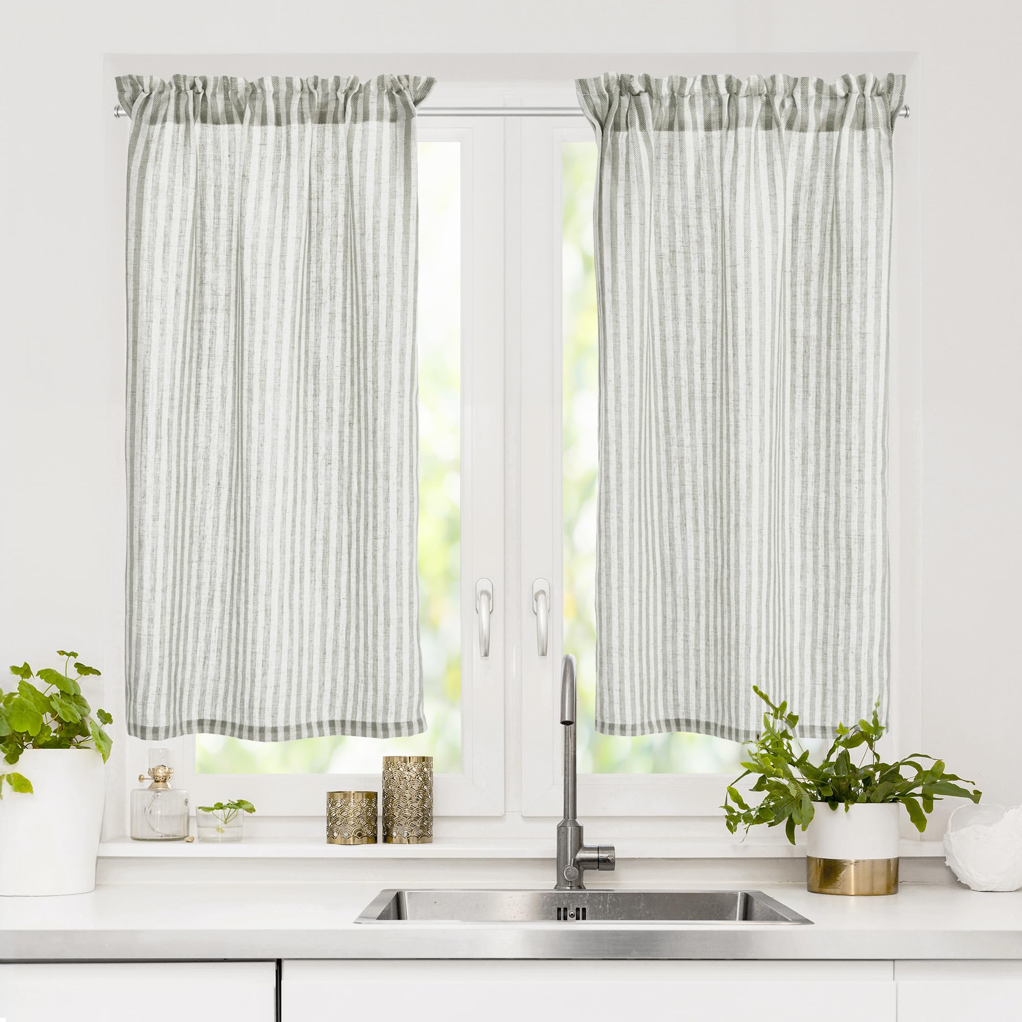 Deconovo Stripe Linen Blend Cafe Curtains - Farmhouse Rustic Tier Kitchen Curtains with Rod Pocket, Grey on Beige (26W x 45L Inch, Set of 2 Panels) - Perfect for Kitchen Windows, Dining Room & Cozy Farmhouse Decor