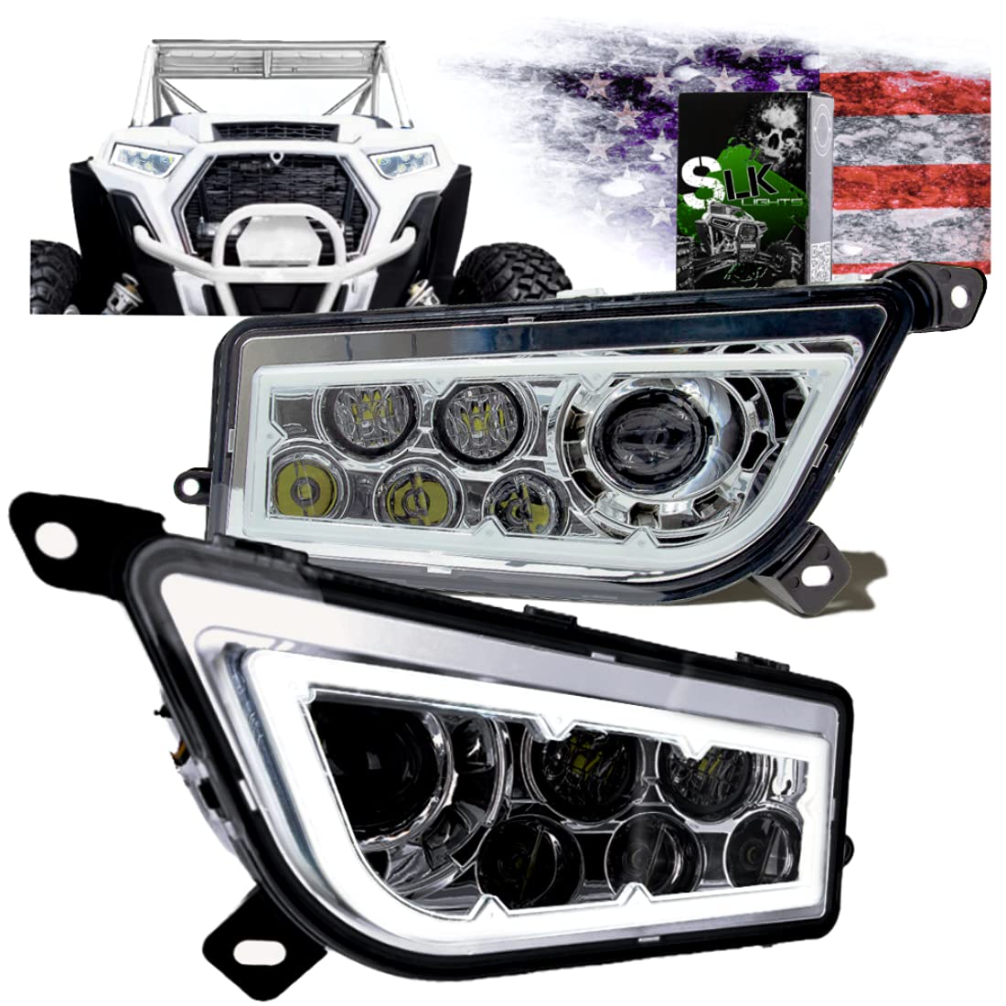 Premium SLK-Lights Chrome RZR LED Headlight with Halo - Compatible with Polaris General, RZR 900s & RZR 1000 XP Turbo (2015-2021 Models) - White Halo for Off-Road Adventures & Night Driving