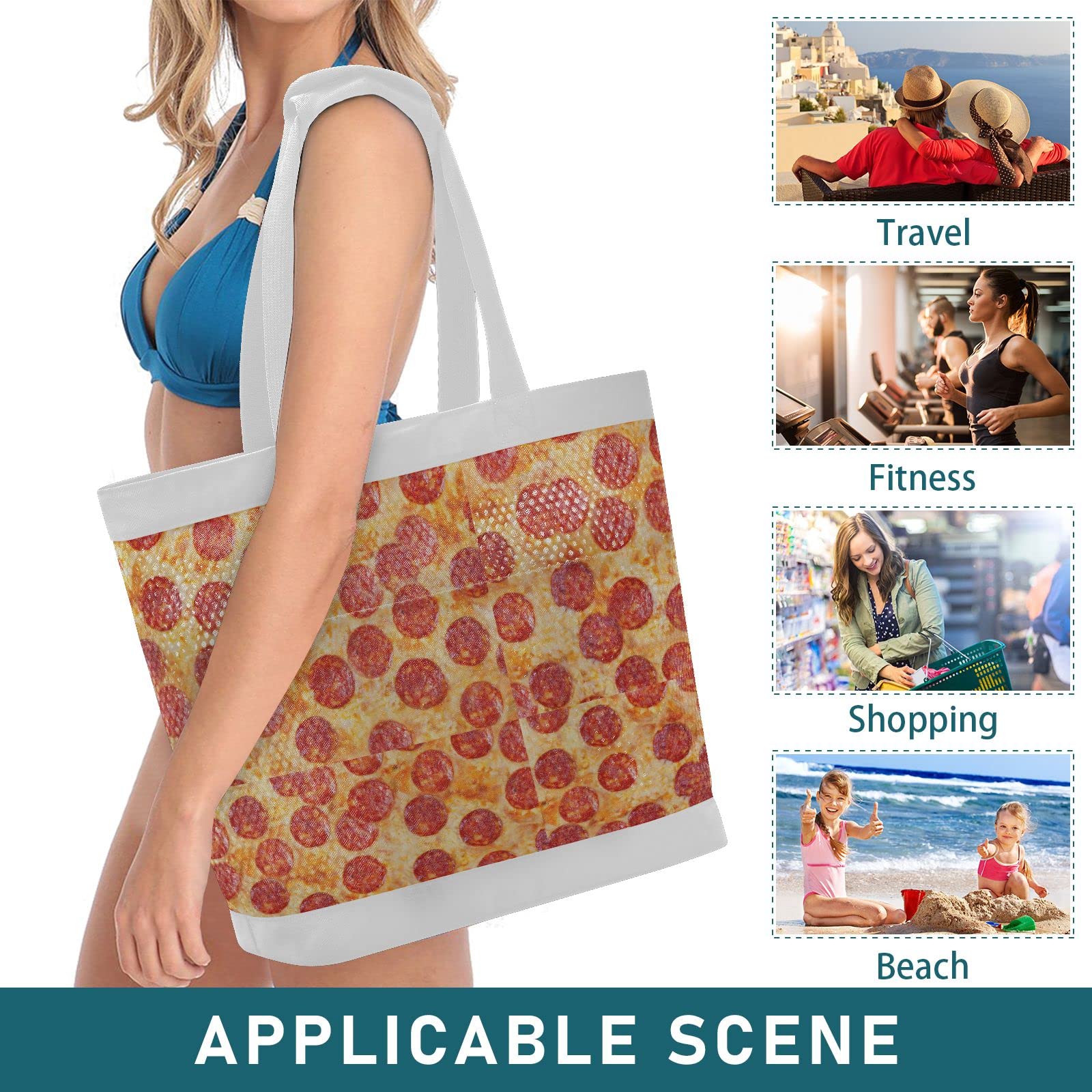 **J JOYSAY Large Lightweight Mesh Beach Tote Bag for Women - Waterproof Gym Bag for Pool, Sports, Travel & Shopping - Durable Pepperoni Pizza Design**