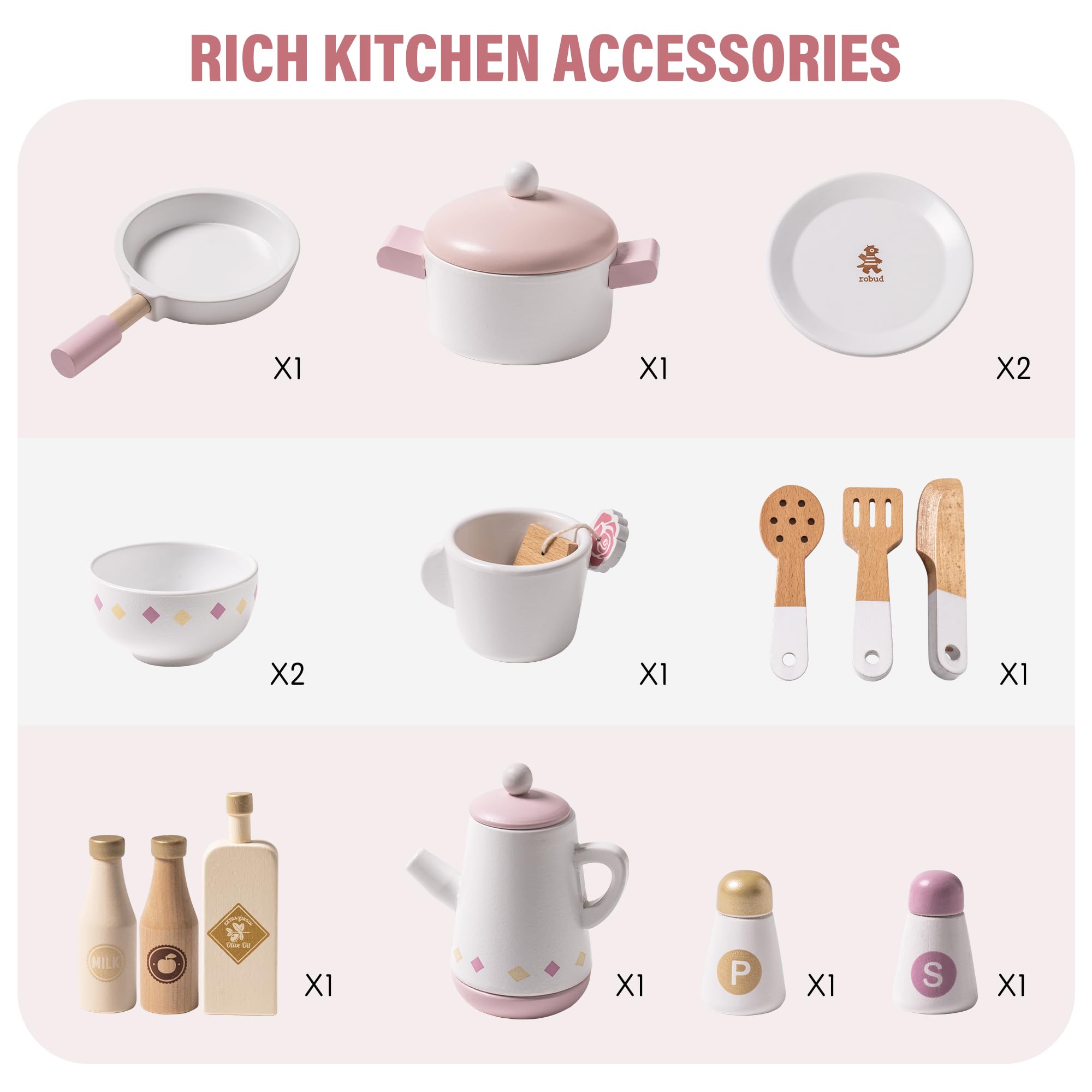 ROBUD Wooden Play Kitchen Set for Kids & Toddlers - Realistic Toy Kitchen with Accessories, Modern Design for Pretend Play - Perfect Gift for Boys & Girls Ages 3+ (Pink) | Great for Birthday, Christmas & Indoor Pretend Play Activities