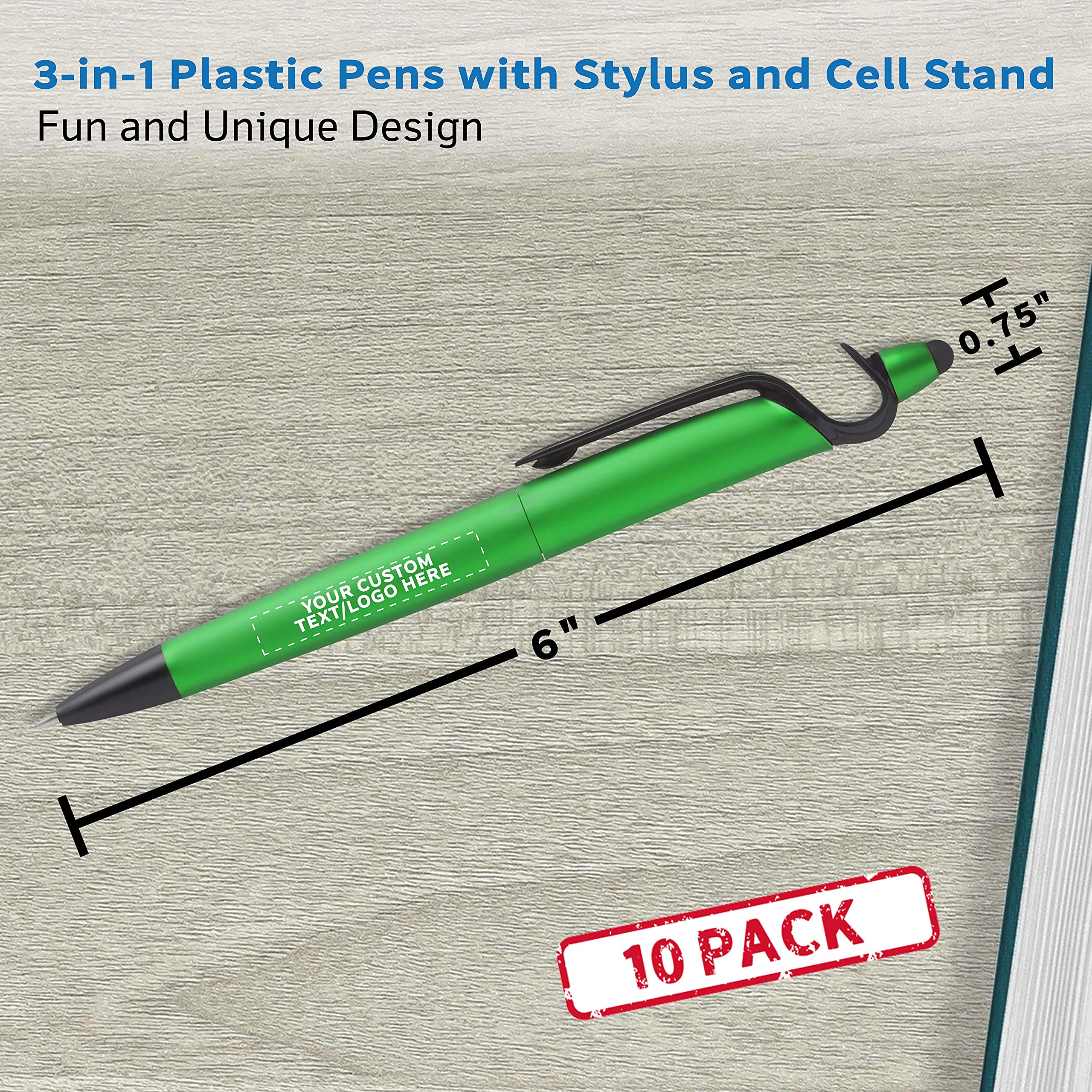 10-Pack 3-in-1 Multi-Function Plastic Pens with Stylus Tip & Phone Stand - Custom Text/Logo Printing - Ballpoint Black Ink (Green) - Perfect for Office, School & Business Promotions