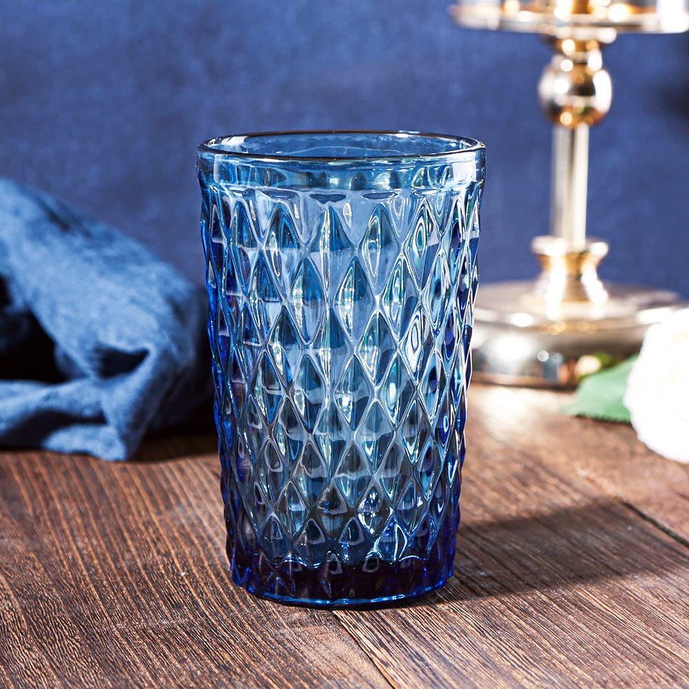 Bandesun 12 oz Blue Drinking Glass Set of 6 - Diamond Cut Tumbler Glasses for Water, Cocktail, Milk, Juice & Beverages | Durable Kitchen Glassware for Home, Bar, Restaurant & Party Use
