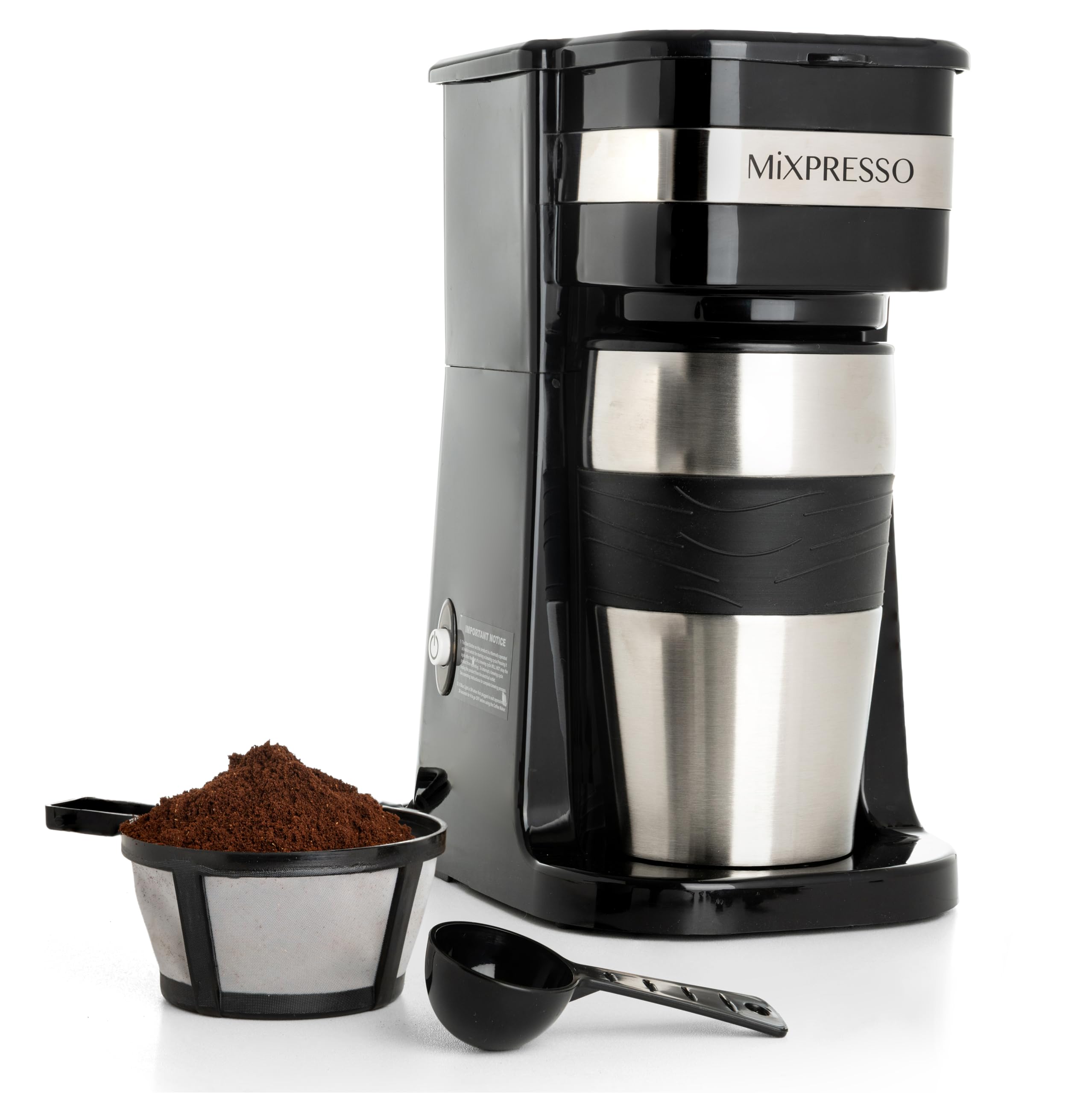 Mixpresso Personal Single Serve Coffee Maker with 14oz Travel Mug - Compact Drip Coffee Machine & Insulated Tumbler - Auto Shut Off & Reusable Filter - Works with Coffee Grounds - Perfect for Home, Office & Travel Use