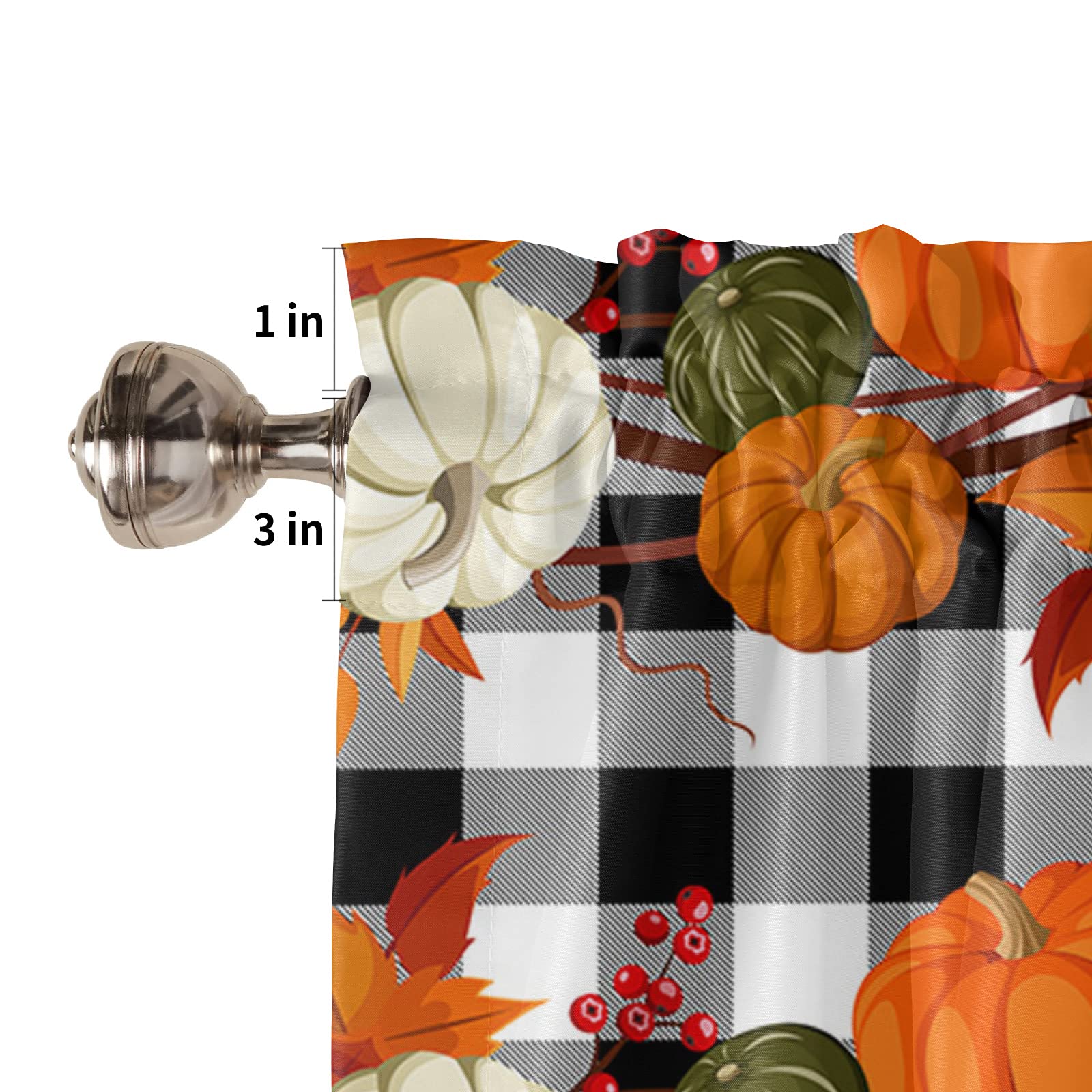 Thanksgiving Pumpkin Maple Leaves Buffalo Plaid Black White Valance Window Curtains - 54x18 Inch Rod Pocket Panel for Kitchen, Bedroom, Dining Room & Living Room Windows - Seasonal Home Decor for Fall & Autumn