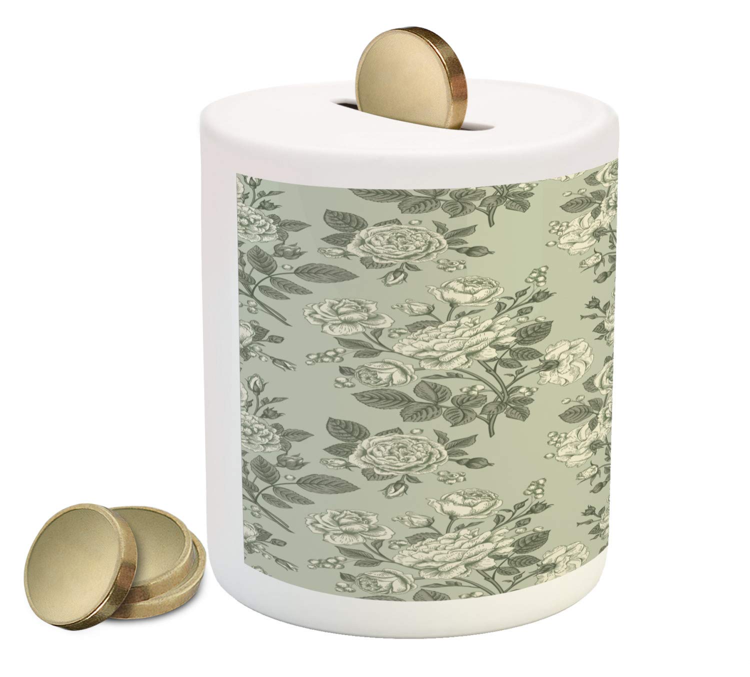 Ambesonne Ceramic Piggy Bank with Japanese Bamboo Tree Leaves Design - Sage Green Money Box for Cash Saving | Home Decor, Office Gift, Kids Savings Bank