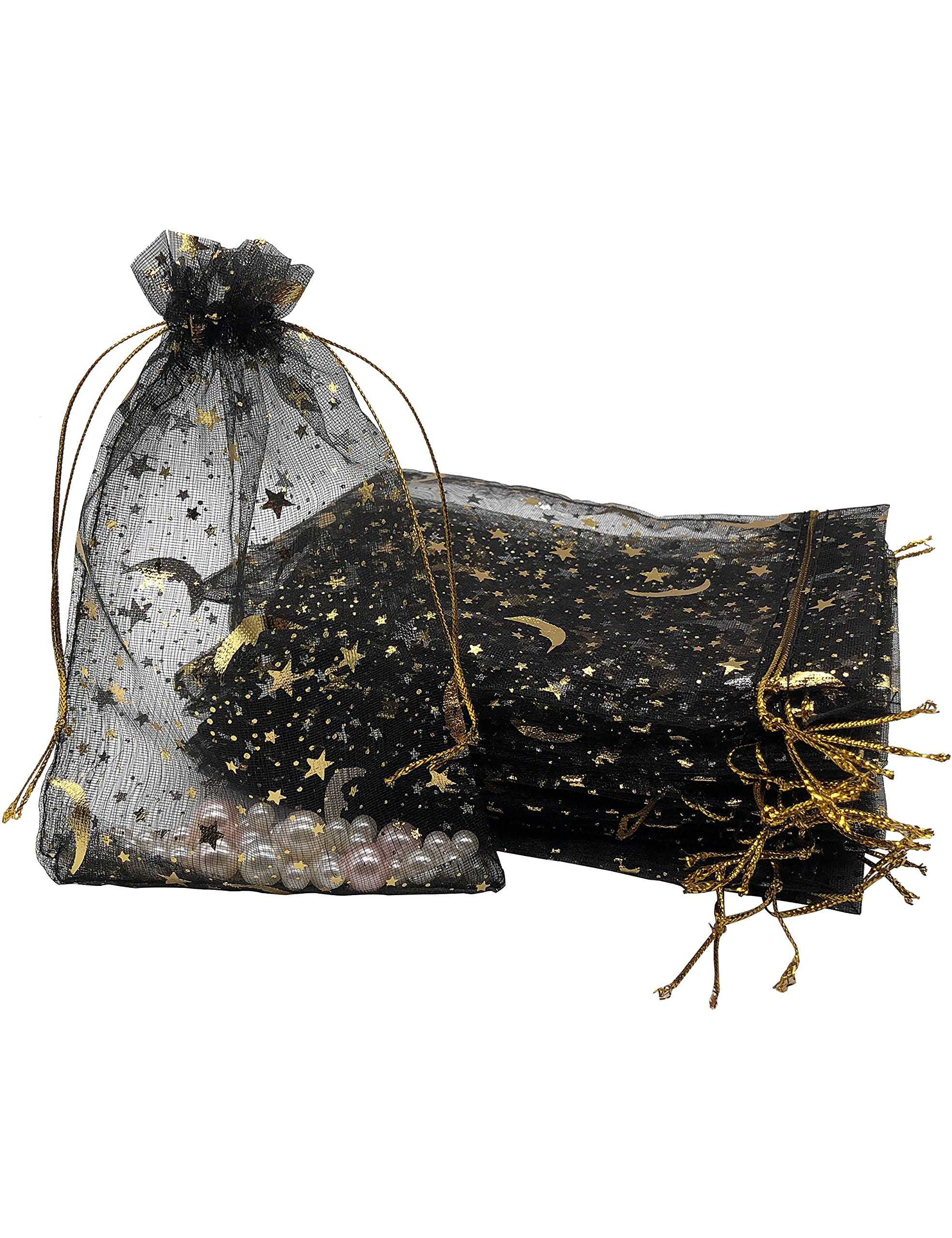 100PCS 4x6 Inch Black Organza Drawstring Bags - Premium Jewelry Gift Bags with Moon & Star Design for Wedding Favors, Party Gifts, Candy Packaging & Small Item Storage