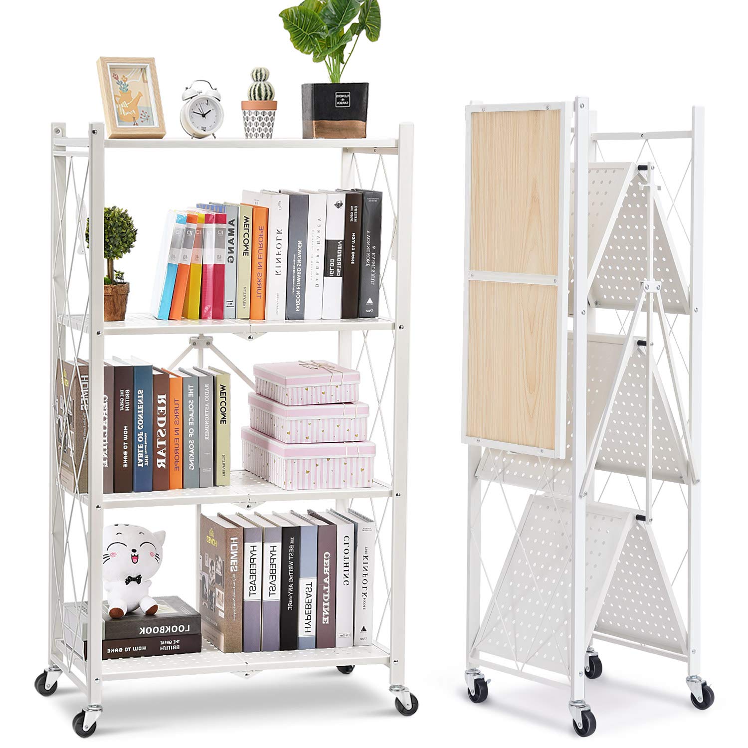 APEXCHASER 4-Tier Foldable Metal Wire Storage Shelves with Wheels - Freestanding No Assembly Shelving Unit for Office, School, Kitchen, Garage - Perfect for Organizing Supplies, Pantry Items & Heavy Duty Storage