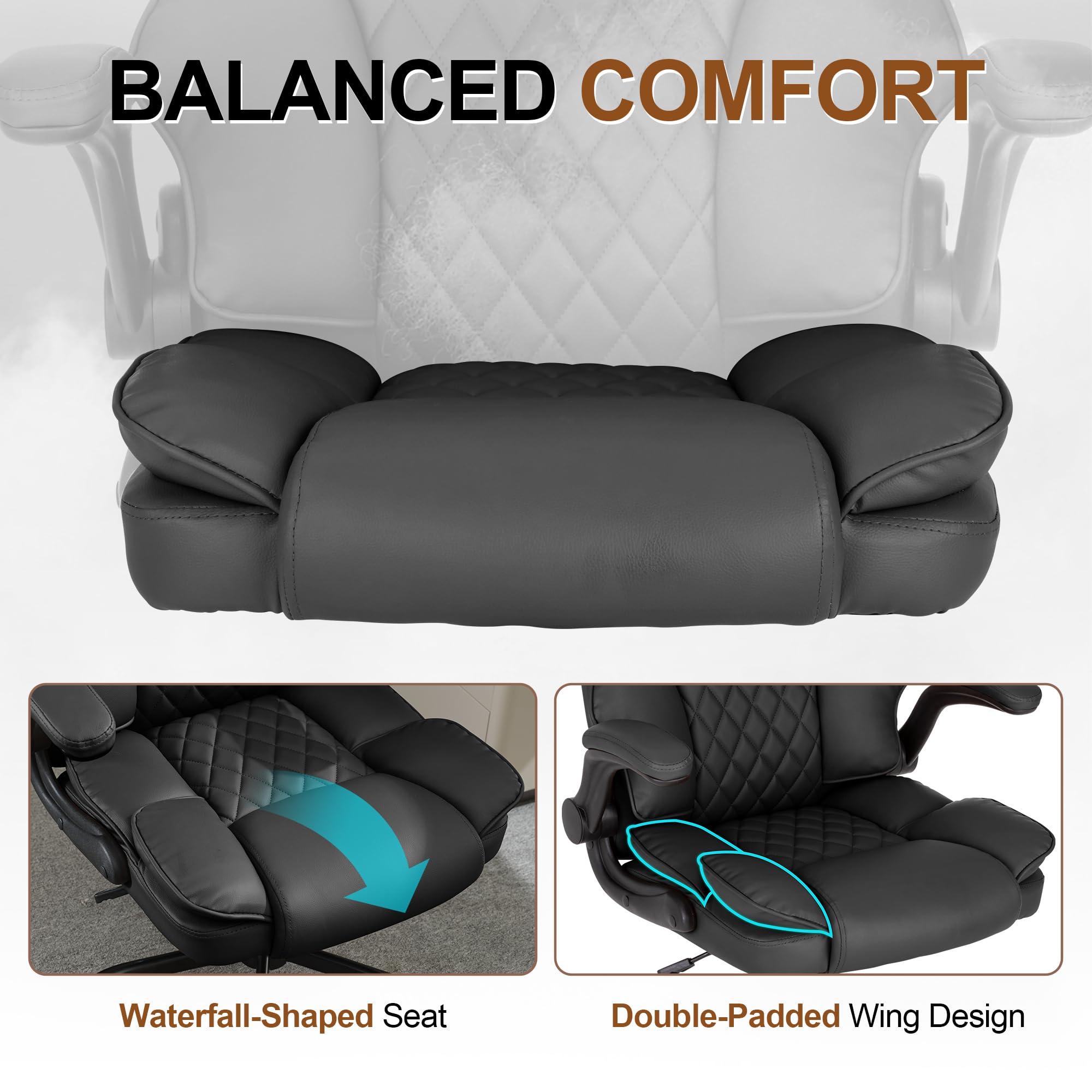 Premium Ergonomic Office Chair - Adjustable Mid Back Executive Leather Chair with Flip-Up Arms & Rocking Function for Home Office, Conference Room & Gaming (Black)
