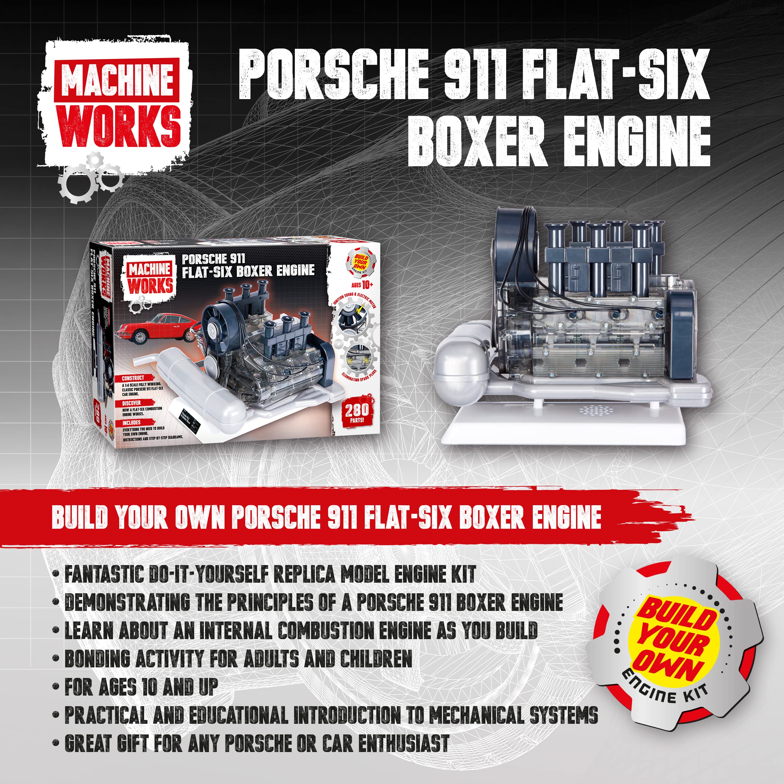 Build Your Own Porsche 911 Boxer Engine Toy - Replica Model Building Kit with Sounds & LED Lights - 280+ Pieces STEM Educational Toy for Ages 10+ - Perfect for Car Enthusiasts, DIY Projects & Display Collection