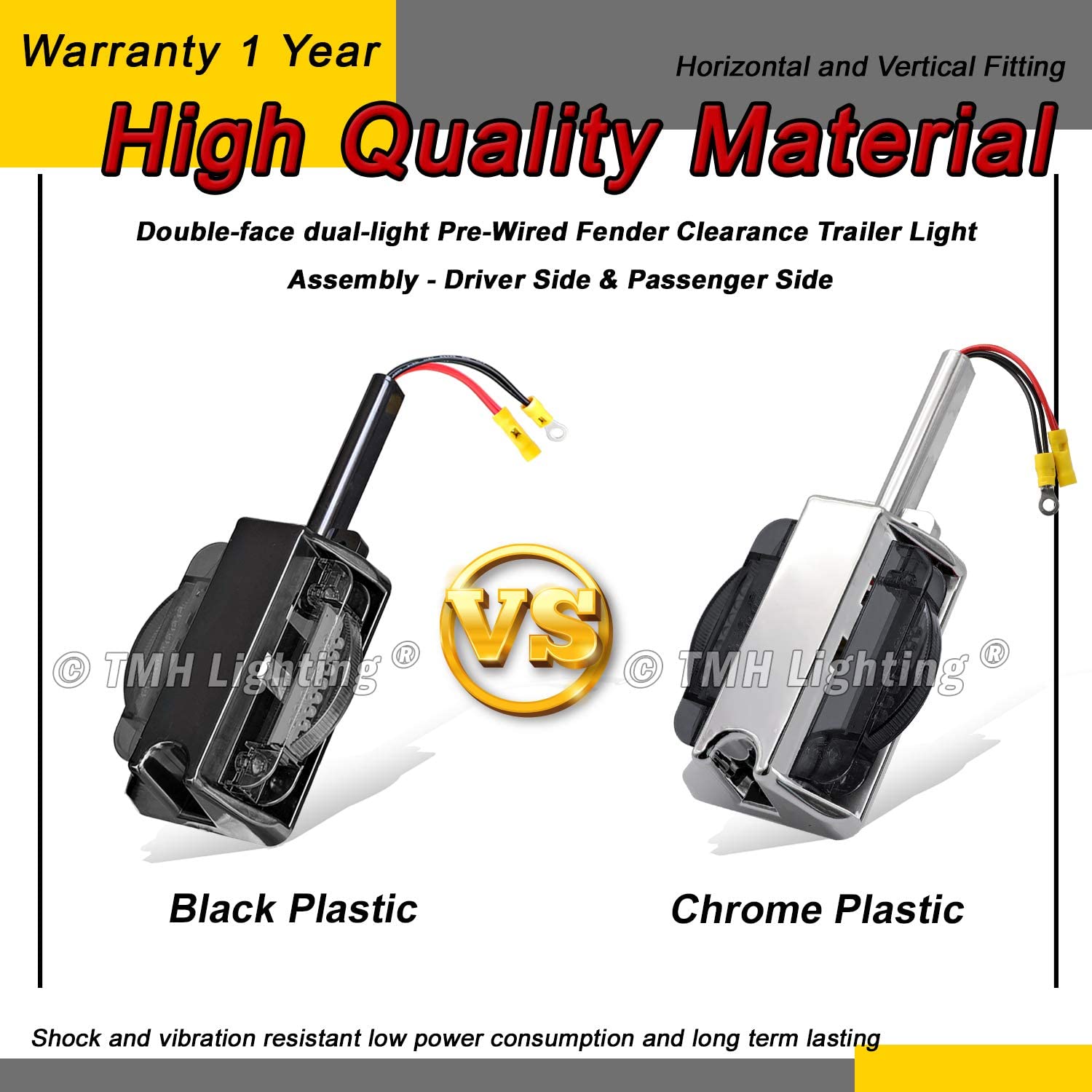 TMH 2-Pack 8.2 Inch Smoked Lens Amber/Red LED Clearance Lights - 7 LED Dual-Face Fender Marker Lamps for Trucks, Trailers, ATVs & Heavy Duty Vehicles - 12V DC Waterproof with Chrome Bezel - Perfect for Night Driving & Road Safety