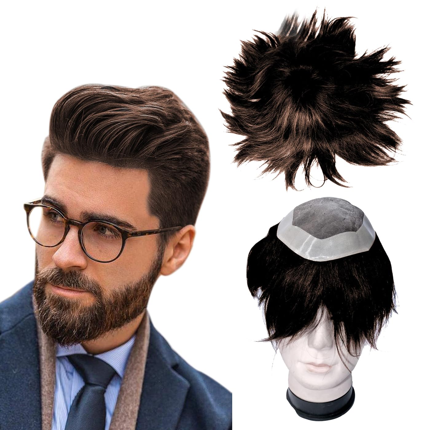 Kabello Hair Loss Solution - 6 Inch Human Hair Toupee with Mono Base (9x7, Dark Brown) | Hair Patch & Wigs for Men | Includes 4 Wig Clips & Free Small Red Tap | Perfect for Thinning Hair, Bald Spots & Daily Styling
