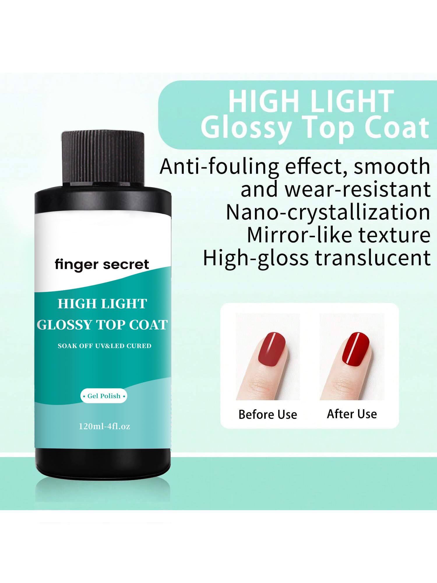 High Gloss Gel Top Coat 120ml (4 fl.oz) - Soak Off UV/LED Lamp Nail Polish for Manicure & Nail Art DIY | Long-Lasting Shine for Professional Salon & Home Use