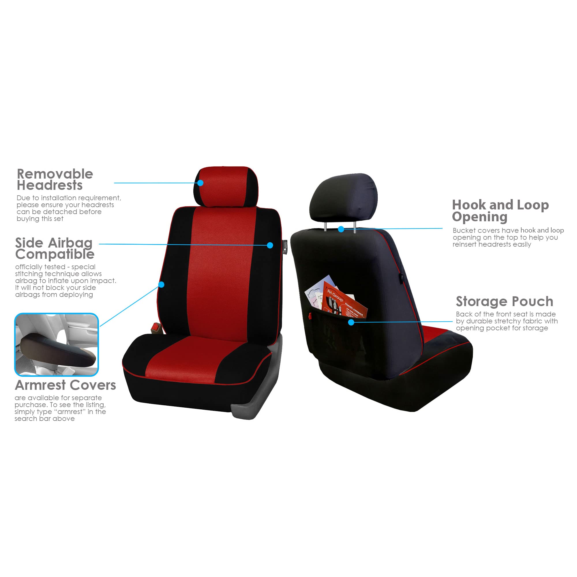 FH Group Universal 3-Row 8-Seater Cloth Car Seat Covers with Piping - Airbag & Split Ready for Cars, Trucks & SUVs (Red/Black) | Perfect for Family Road Trips, Daily Commutes & Vehicle Protection