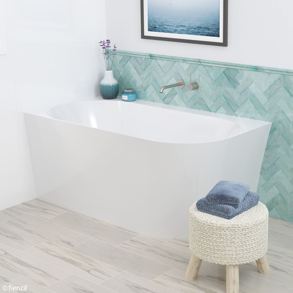 Fienza Chloe Acrylic Corner Bathtub 1400mm - Gloss White Freestanding Soaking Tub for Modern Bathroom | Spa Relaxation & Space Saving Design