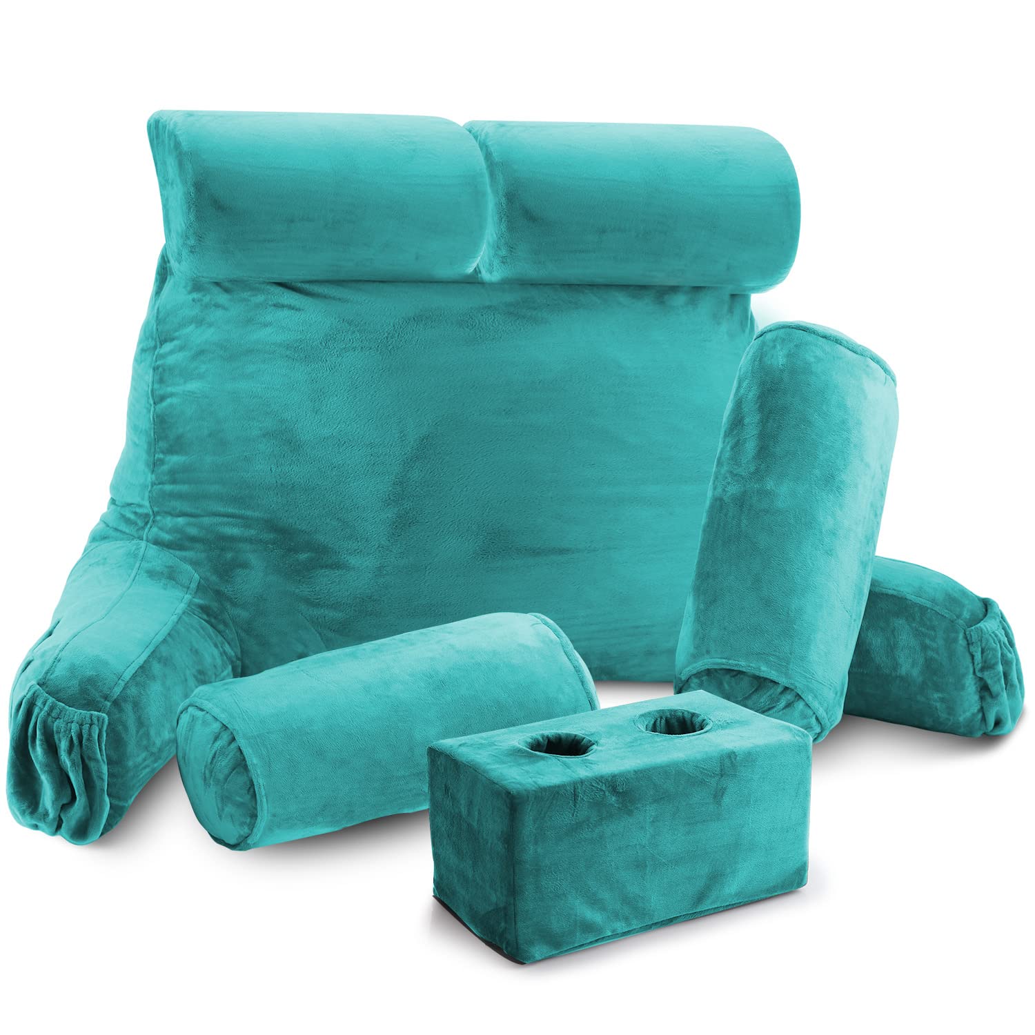 Nestle Double Reading Pillow with Arms - Shredded Memory Foam Backrest for Sitting in Bed - Includes 2 Neck Roll & 2 Lumbar Support Pillows - Teal Blue - Perfect for Reading, Watching TV, and Relaxing in Bed