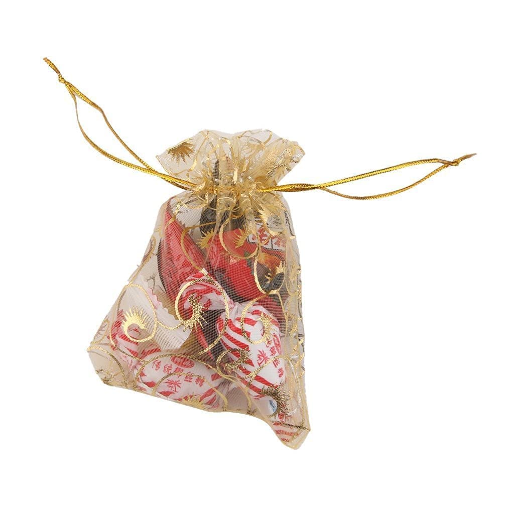 Premium Printed Golden Organza Gift Bags 6x8 Inches (50 Pack) - Elegant Drawstring Pouches for Wedding Favors, Jewelry Packaging & Party Return Gifts | Perfect for Bridal Showers, Baby Showers & Special Occasions